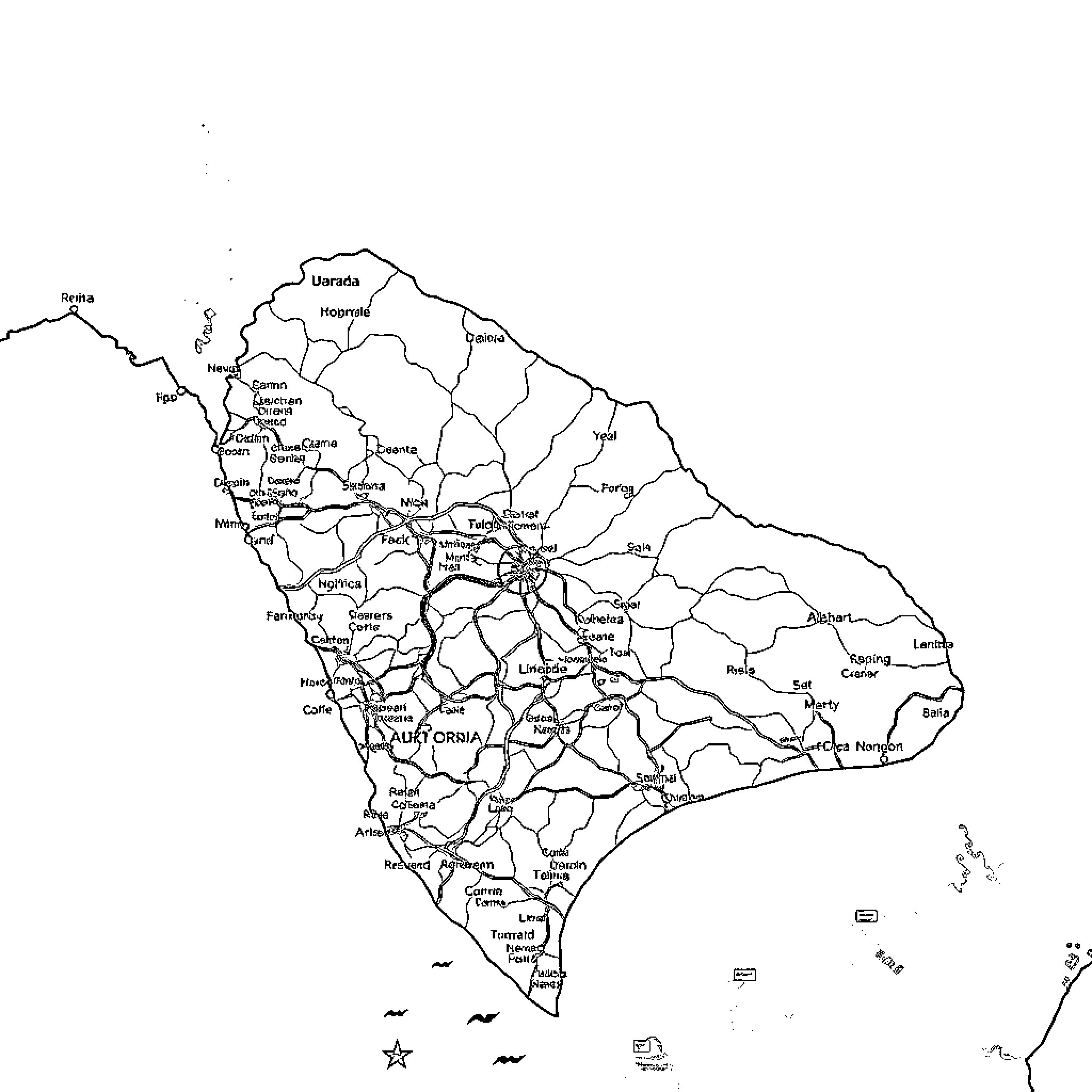 Ivory Coast map with cities and administrative borders Coloring Page (free black-and-white line drawing printable PDF for all, from beginners to advanced learners, including children, teens, adults, and seniors)