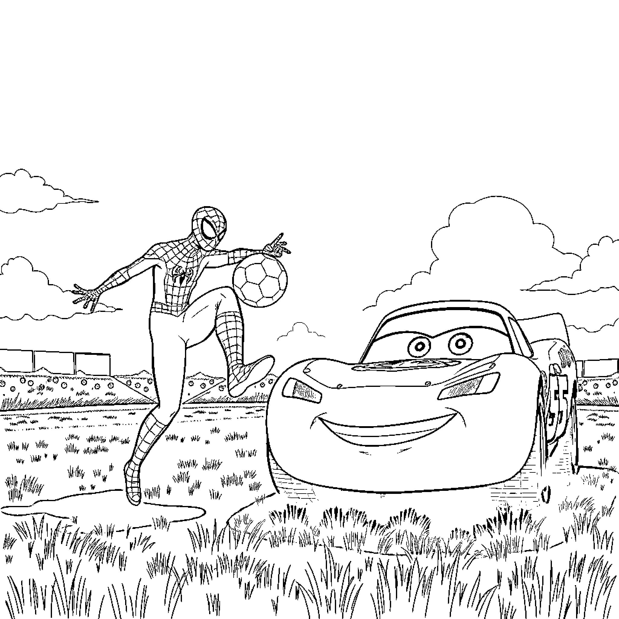Spider-Man playing soccer with Cars character Coloring Page (free black-and-white line drawing printable PDF for all, from beginners to advanced learners, including children, teens, adults, and seniors)