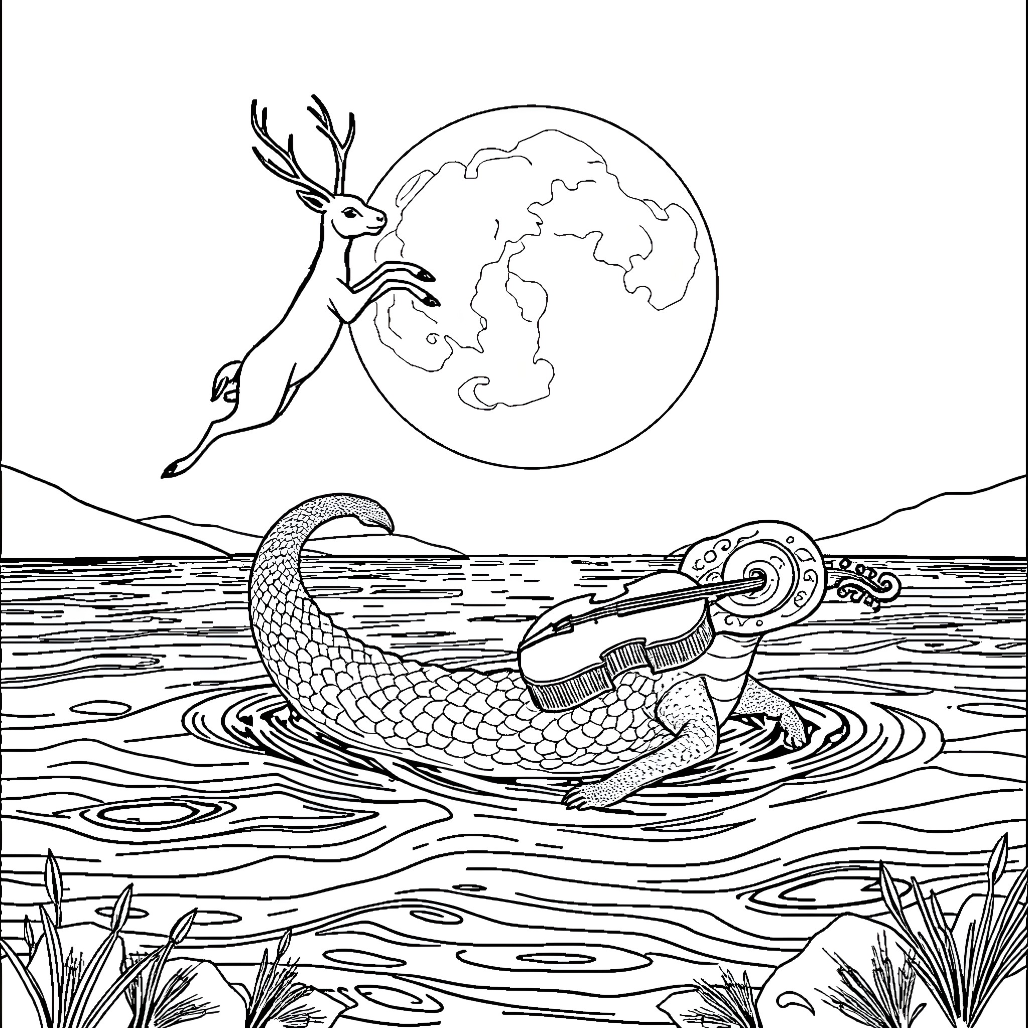 Jackalope leaping under the moonlight and mermaid swimming in the ocean Coloring Page (free black-and-white line drawing printable PDF for all, from beginners to advanced learners, including children, teens, adults, and seniors)