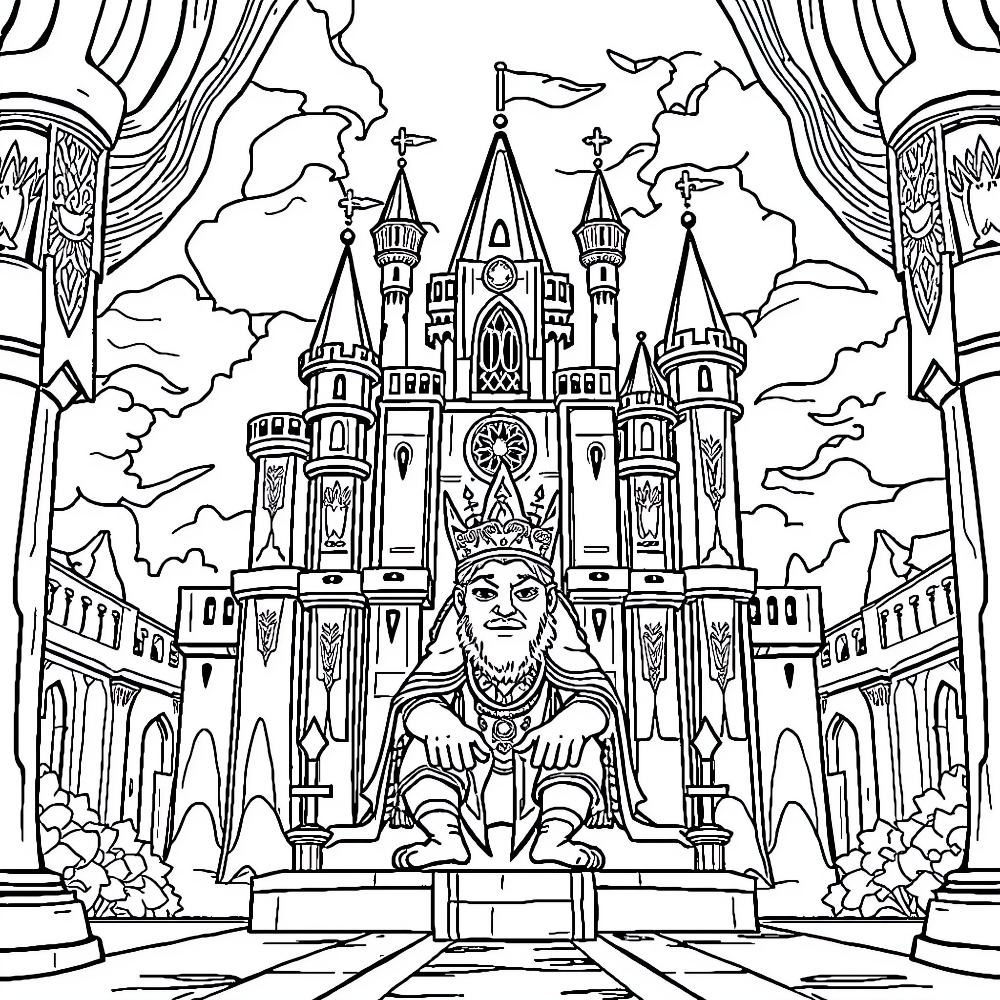 Labubu's Majestic Castle Adventure Coloring Page (free black-and-white line drawing printable PDF for all, from beginners to advanced learners, including children, teens, adults, and seniors)