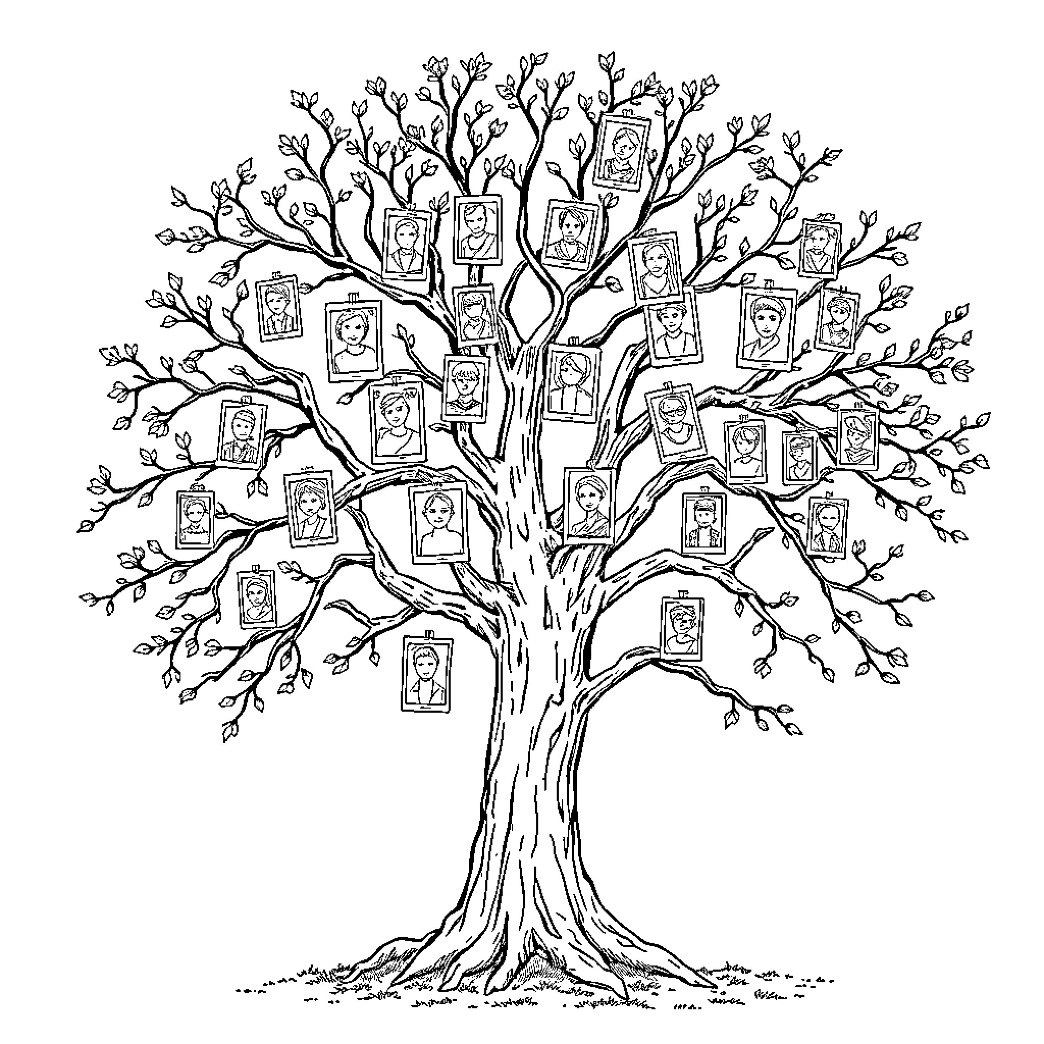 Family Tree of Portraits on a Branching Tree Coloring Page (free black-and-white line drawing printable PDF for all, from beginners to advanced learners, including children, teens, adults, and seniors)