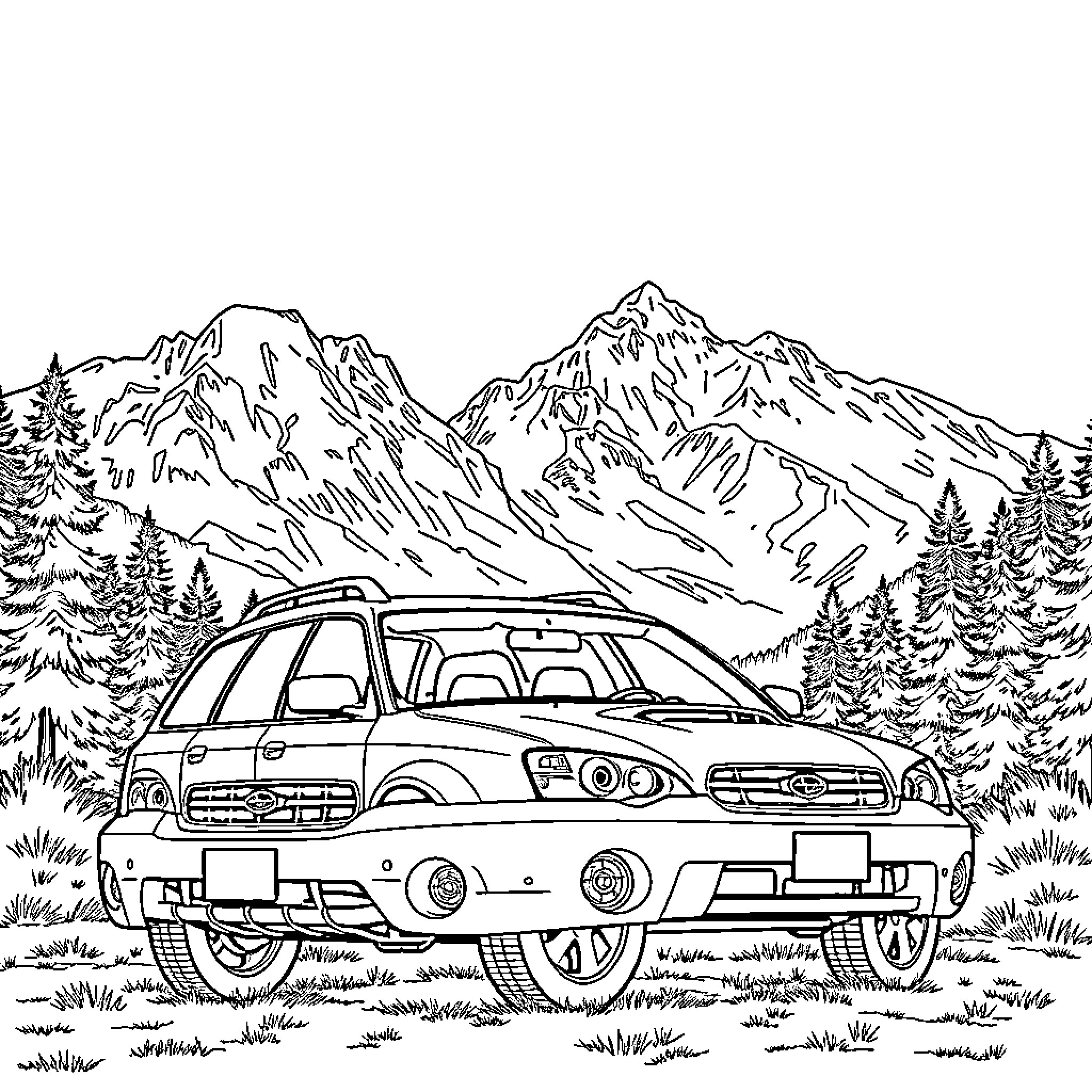 Subaru Exploring the Rugged Mountain Terrain Coloring Page (free black-and-white line drawing printable PDF for all, from beginners to advanced learners, including children, teens, adults, and seniors)