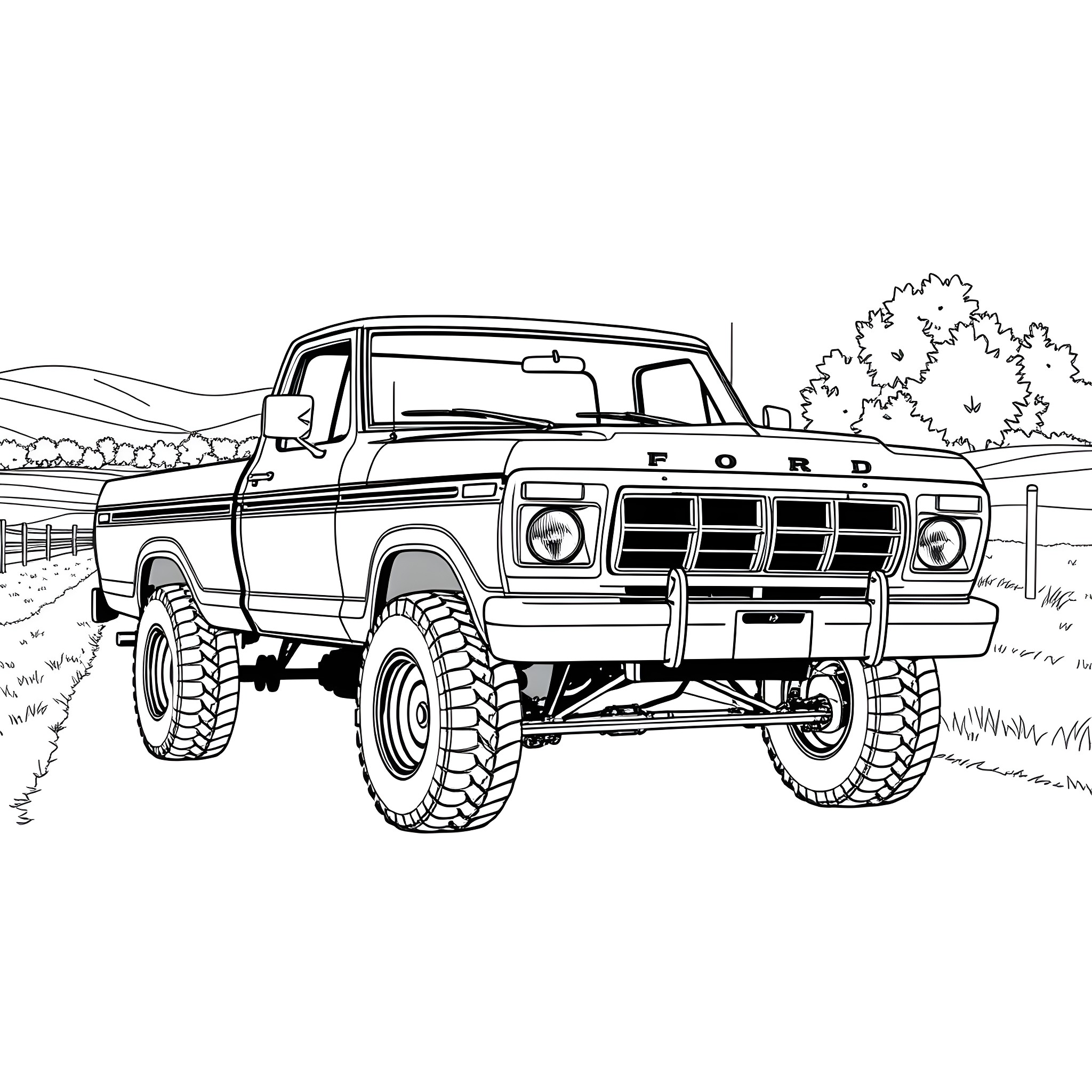 F250 off-road pickup truck on the trail Coloring Page (free black-and-white line drawing printable PDF for all, from beginners to advanced learners, including children, teens, adults, and seniors)