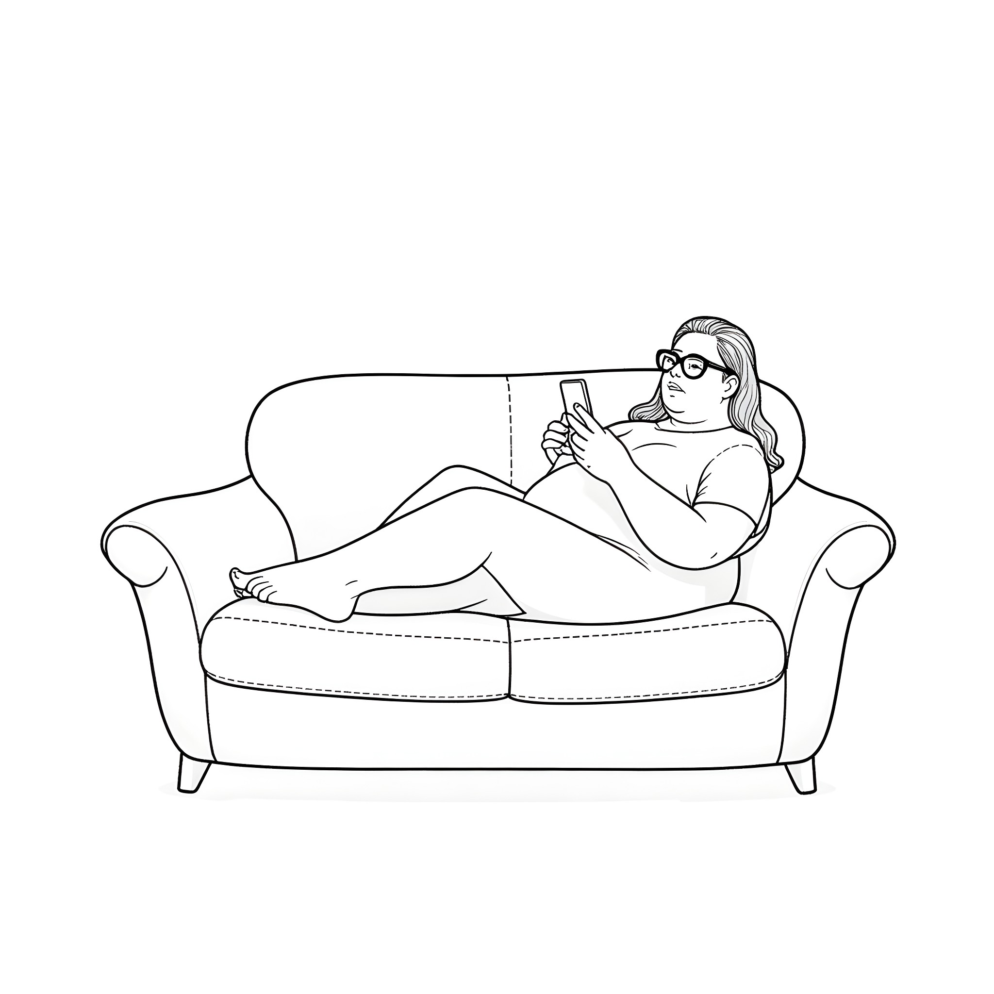 Woman relaxing on sofa using mobile device Coloring Page (free black-and-white line drawing printable PDF for all, from beginners to advanced learners, including children, teens, adults, and seniors)