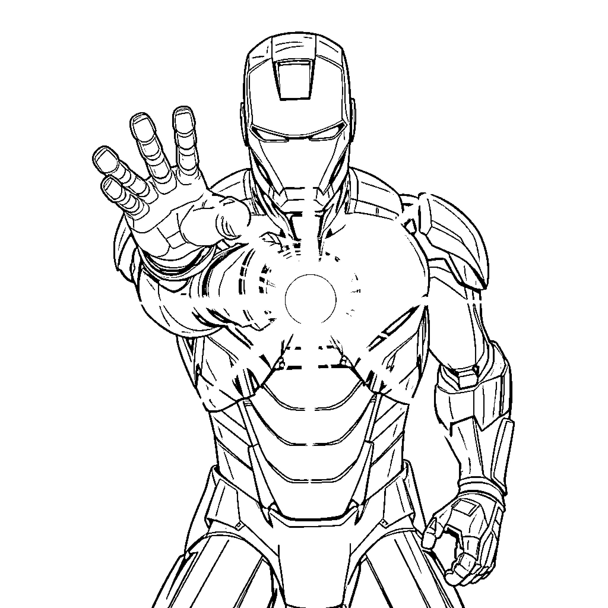 Iron Man in Action Posing with Outstretched Hands Coloring Page (free black-and-white line drawing printable PDF for all, from beginners to advanced learners, including children, teens, adults, and seniors)