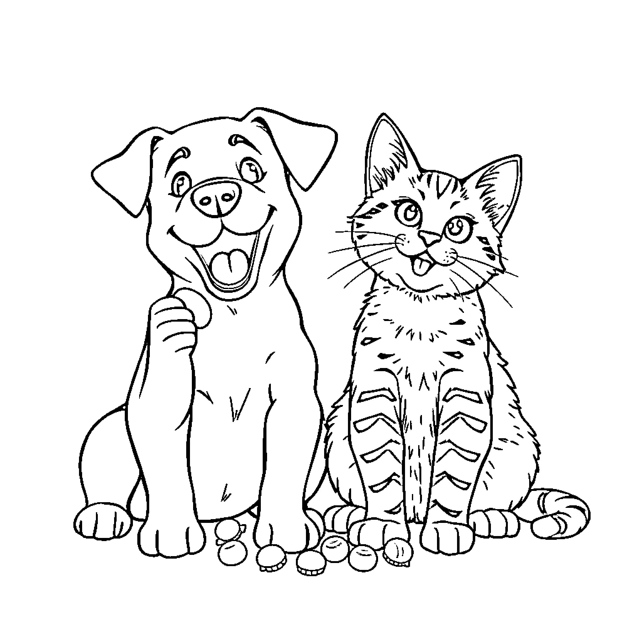Dog and Cat Sitting Together Happily Coloring Page (free black-and-white line drawing printable PDF for all, from beginners to advanced learners, including children, teens, adults, and seniors)