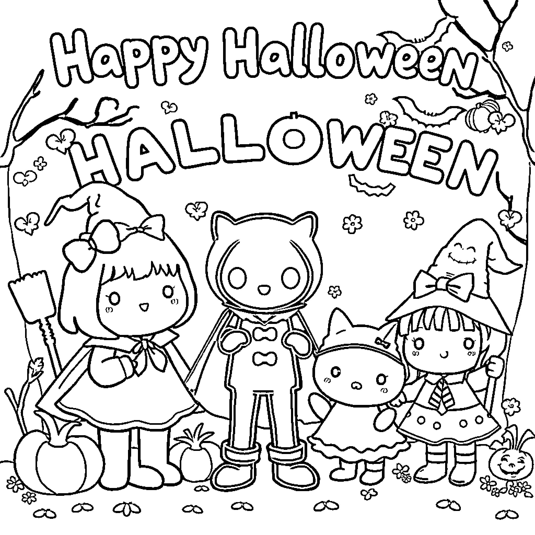 Sanrio Characters Celebrating Halloween Coloring Page (free black-and-white line drawing printable PDF for all, from beginners to advanced learners, including children, teens, adults, and seniors)