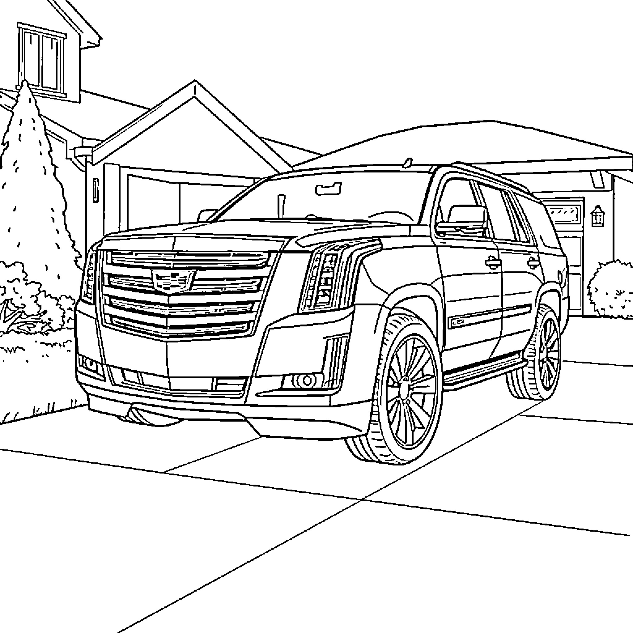 Cadillac SUV parked in front of a house Coloring Page (free black-and-white line drawing printable PDF for all, from beginners to advanced learners, including children, teens, adults, and seniors)