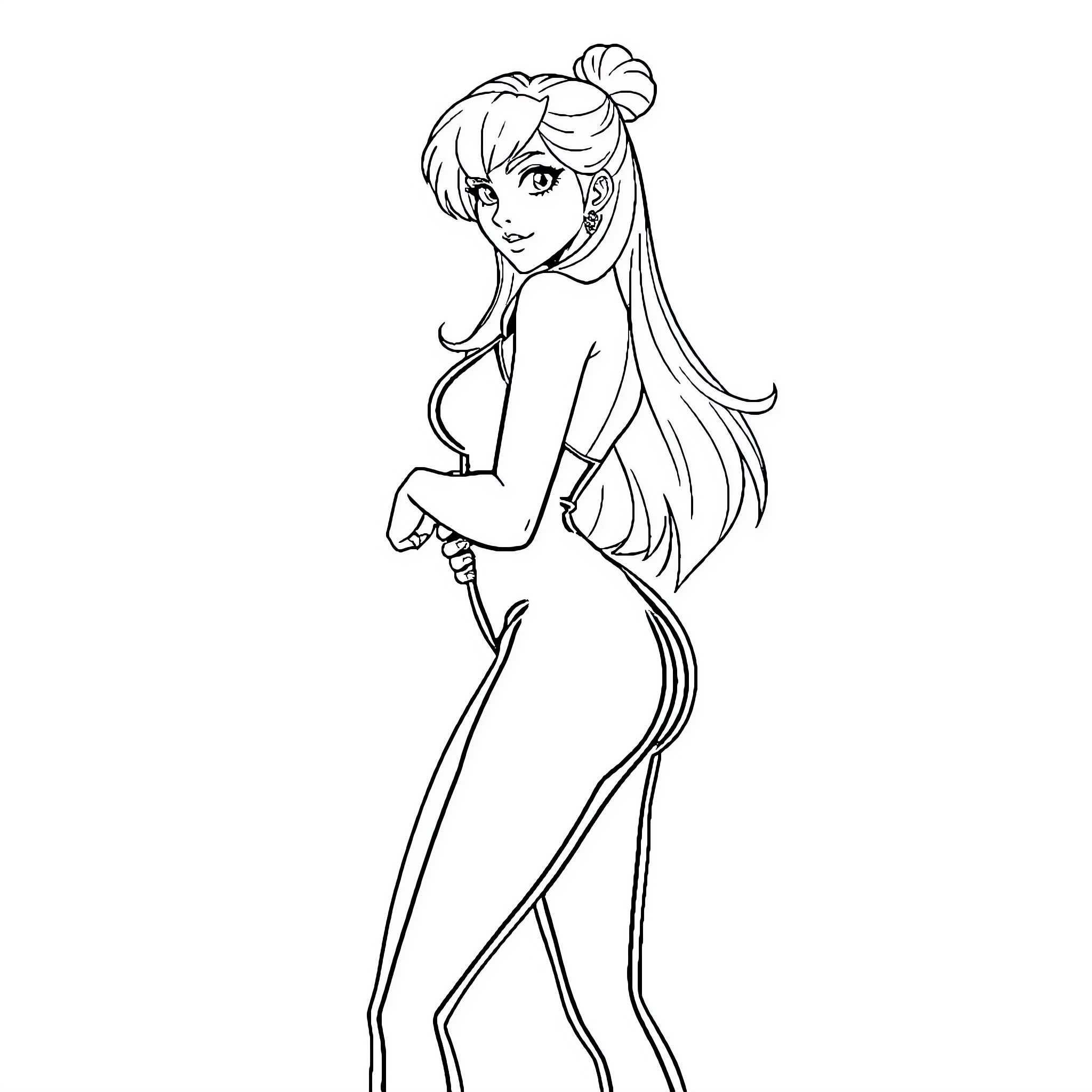 Nami posing in confident and alluring stance Coloring Page (free black-and-white line drawing printable PDF for all, from beginners to advanced learners, including children, teens, adults, and seniors)