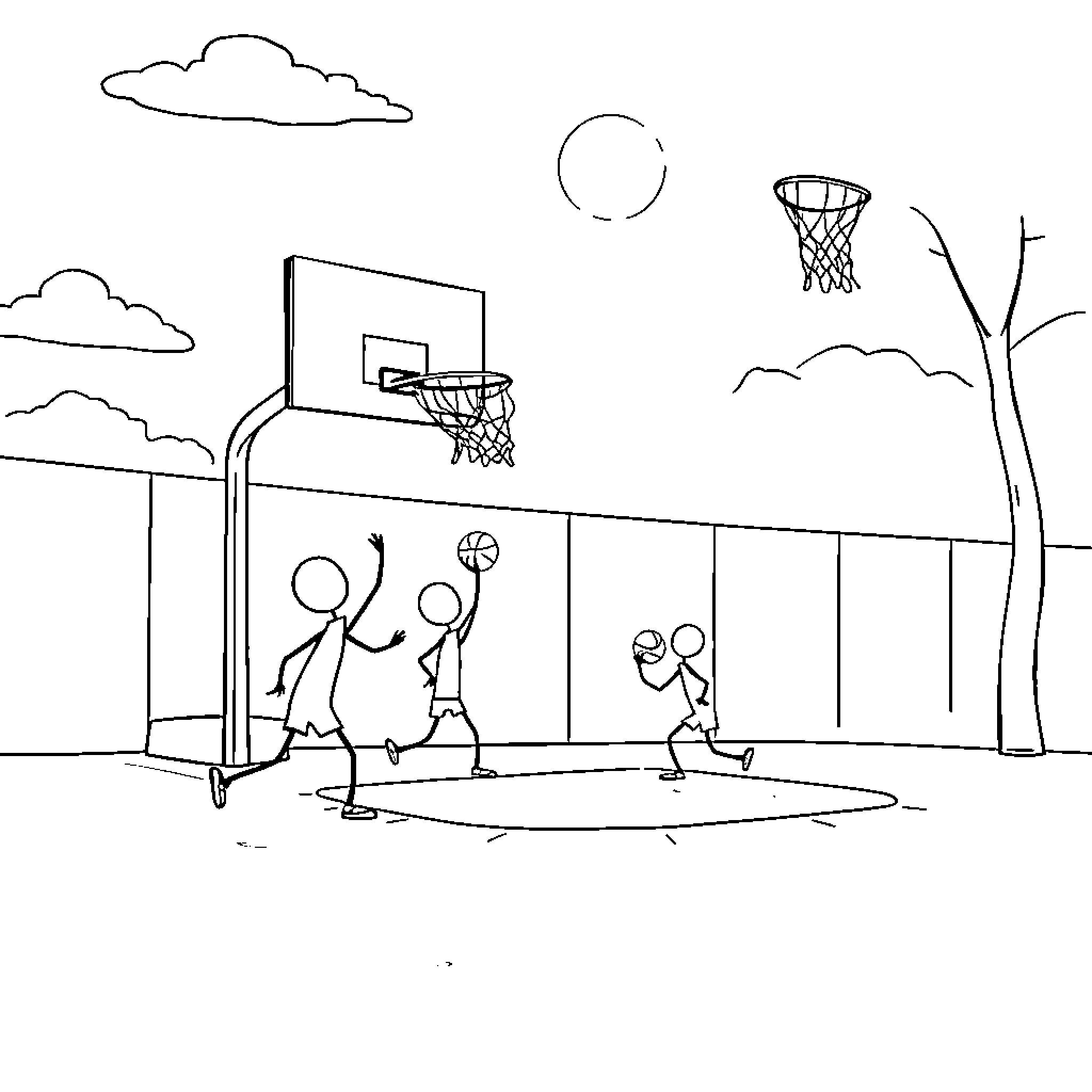 Stick figures playing basketball on the court Coloring Page (free black-and-white line drawing printable PDF for all, from beginners to advanced learners, including children, teens, adults, and seniors)