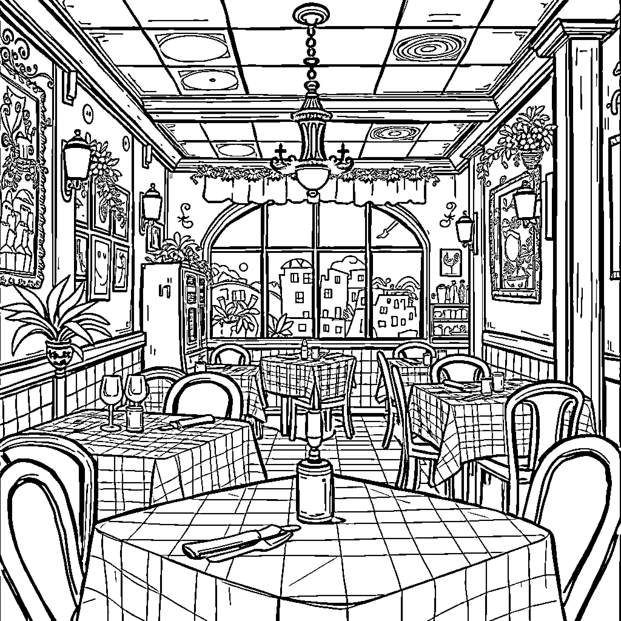 Restaurant with Charming Decor and Cozy Seating Coloring Page (free black-and-white line drawing printable PDF for all, from beginners to advanced learners, including children, teens, adults, and seniors)