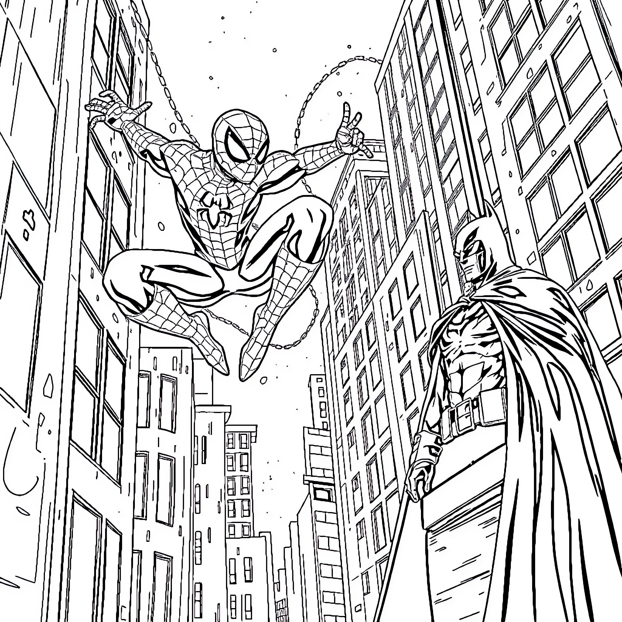 Spiderman swinging through the city with Batman watching Coloring Page (free black-and-white line drawing printable PDF for all, from beginners to advanced learners, including children, teens, adults, and seniors)