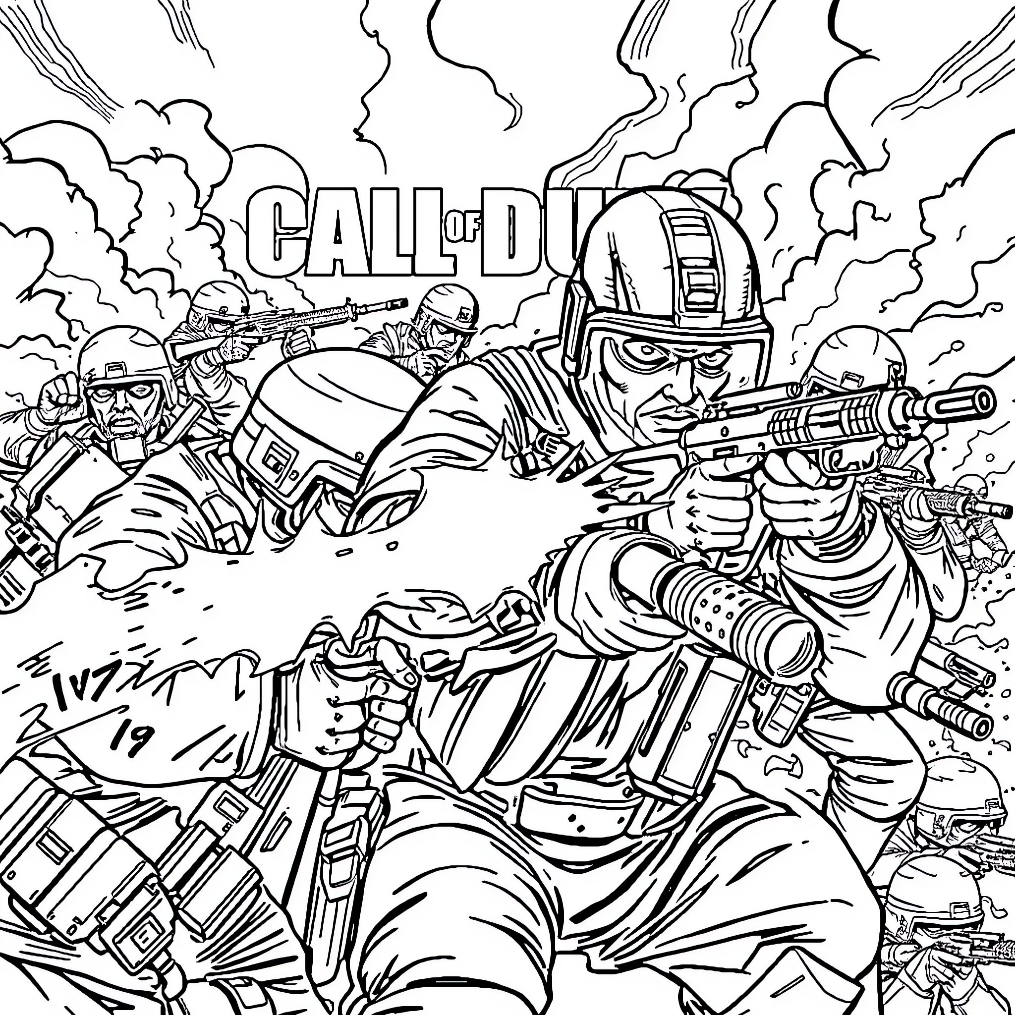 Call of Duty: Intense Battle in Smoke and Chaos Coloring Page (free black-and-white line drawing printable PDF for all, from beginners to advanced learners, including children, teens, adults, and seniors)