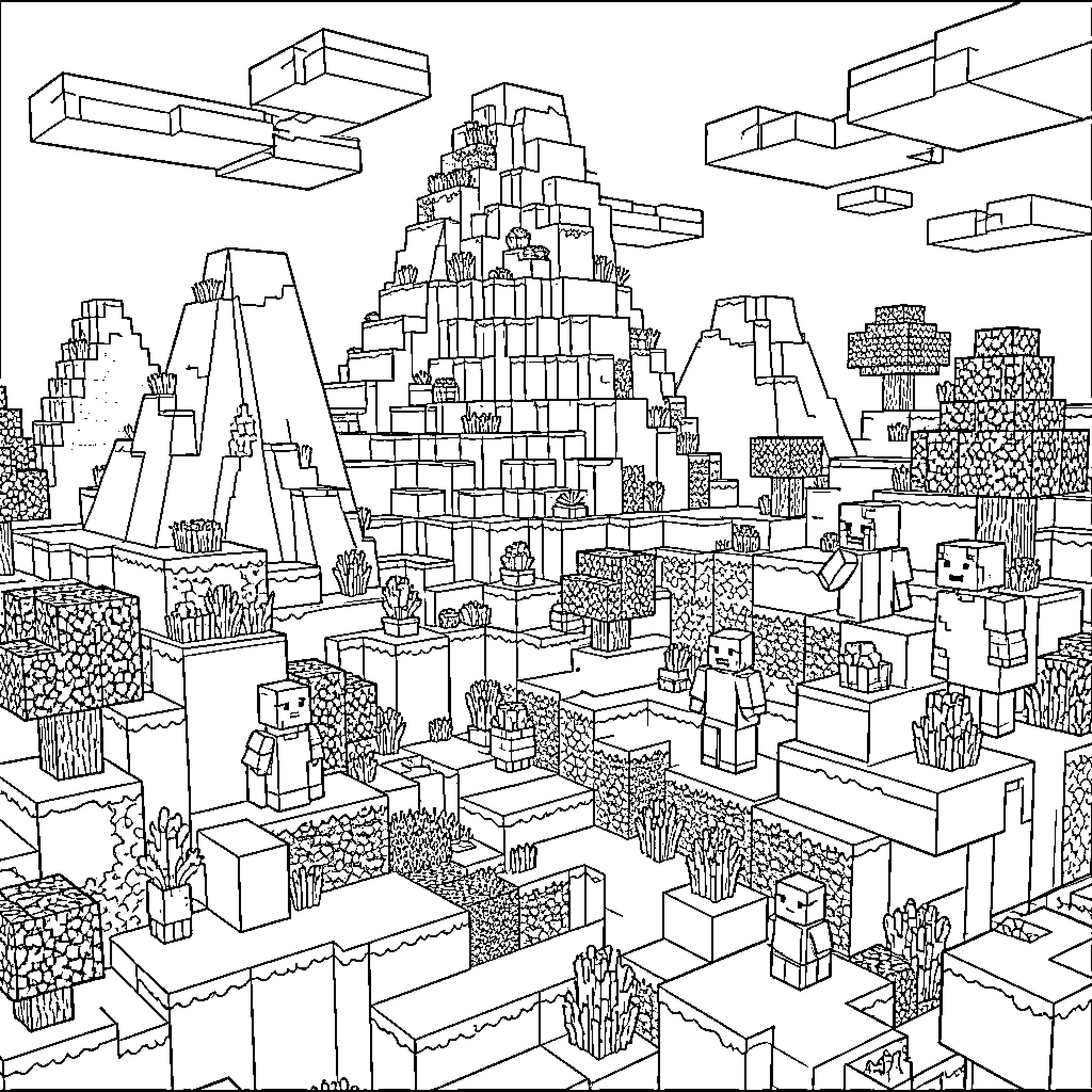 Minecraft characters exploring a vast blocky landscape Coloring Page (free black-and-white line drawing printable PDF for all, from beginners to advanced learners, including children, teens, adults, and seniors)