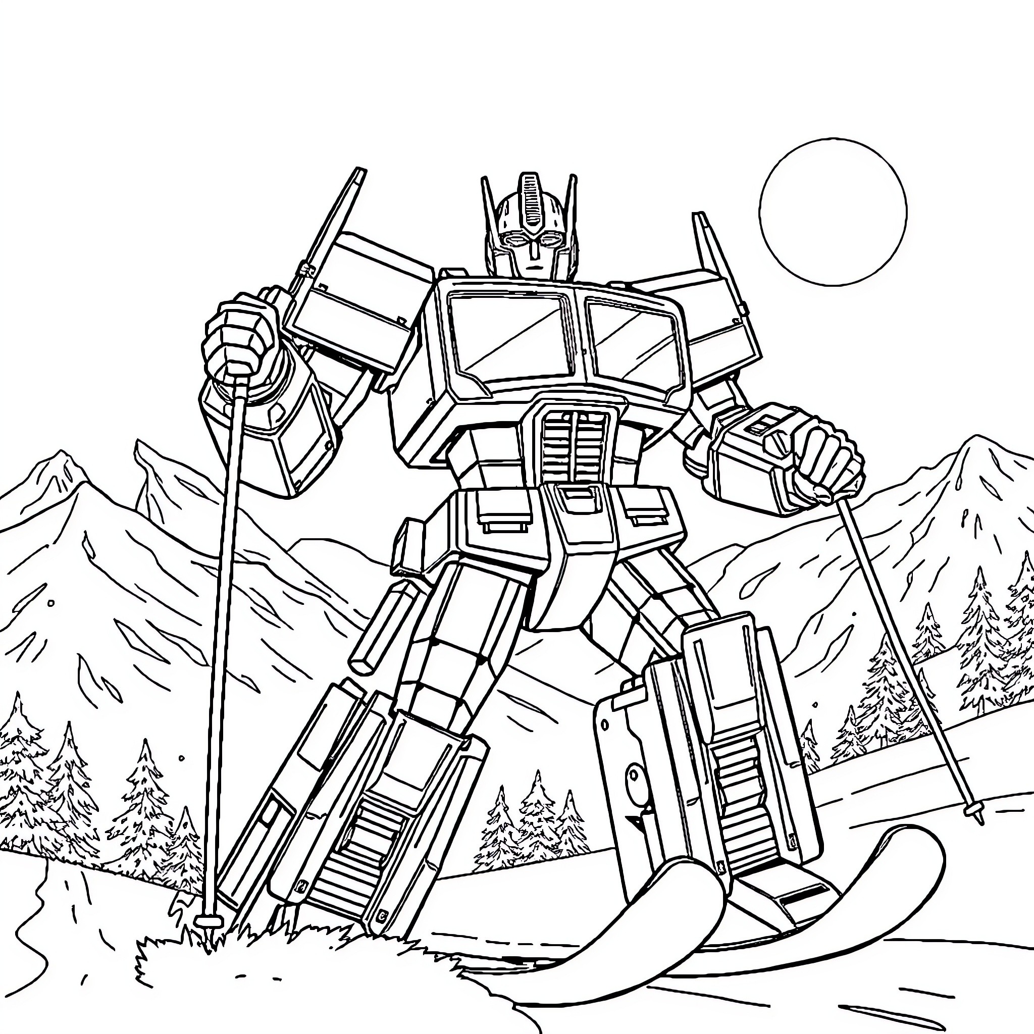 Optimus Prime in action-packed adventure Coloring Page (free black-and-white line drawing printable PDF for all, from beginners to advanced learners, including children, teens, adults, and seniors)