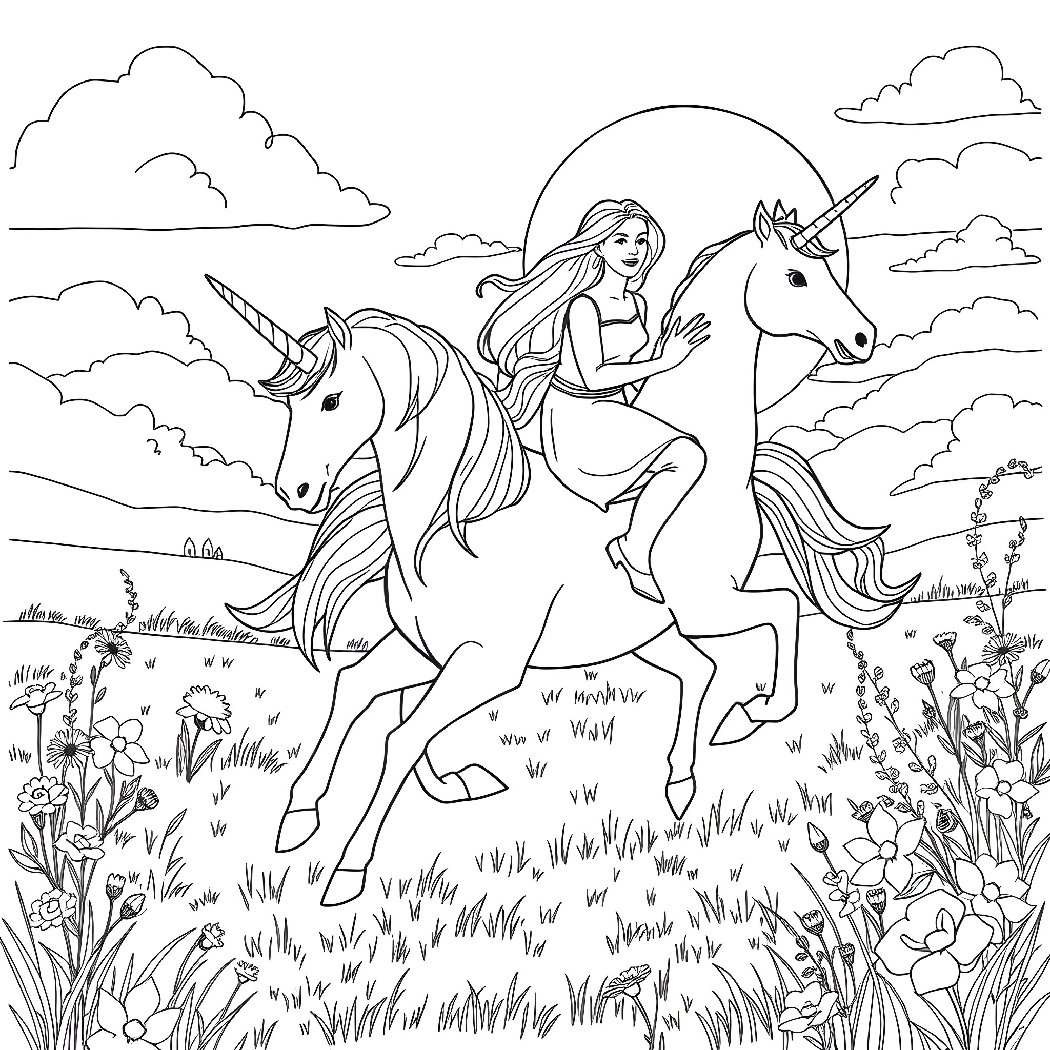 Unicorn Maiden's Magical Ride Through Enchanted Meadows Coloring Page (free black-and-white line drawing printable PDF for all, from beginners to advanced learners, including children, teens, adults, and seniors)
