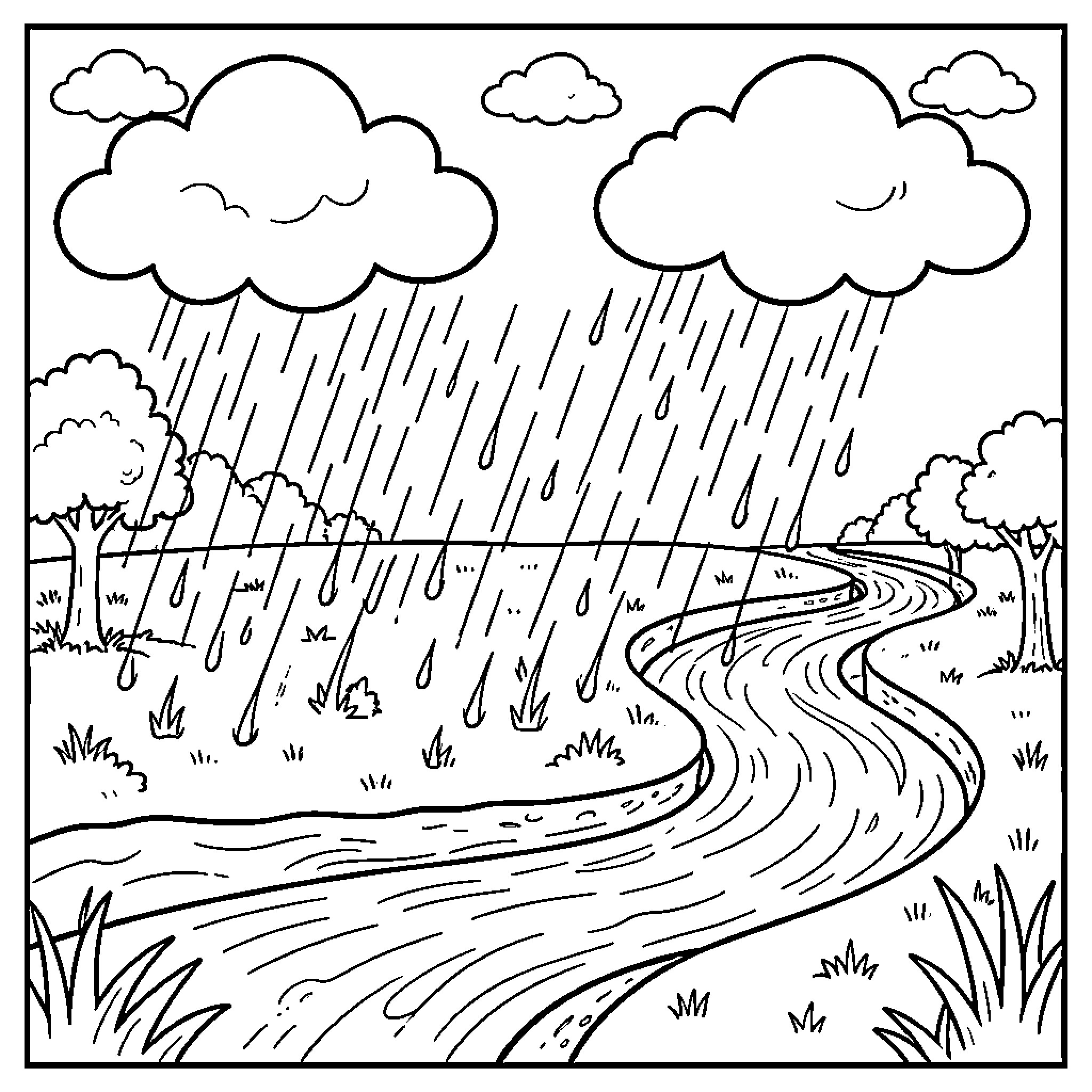 Water Cycle Depicting Rainy Weather and Flowing Stream Coloring Page (free black-and-white line drawing printable PDF for all, from beginners to advanced learners, including children, teens, adults, and seniors)