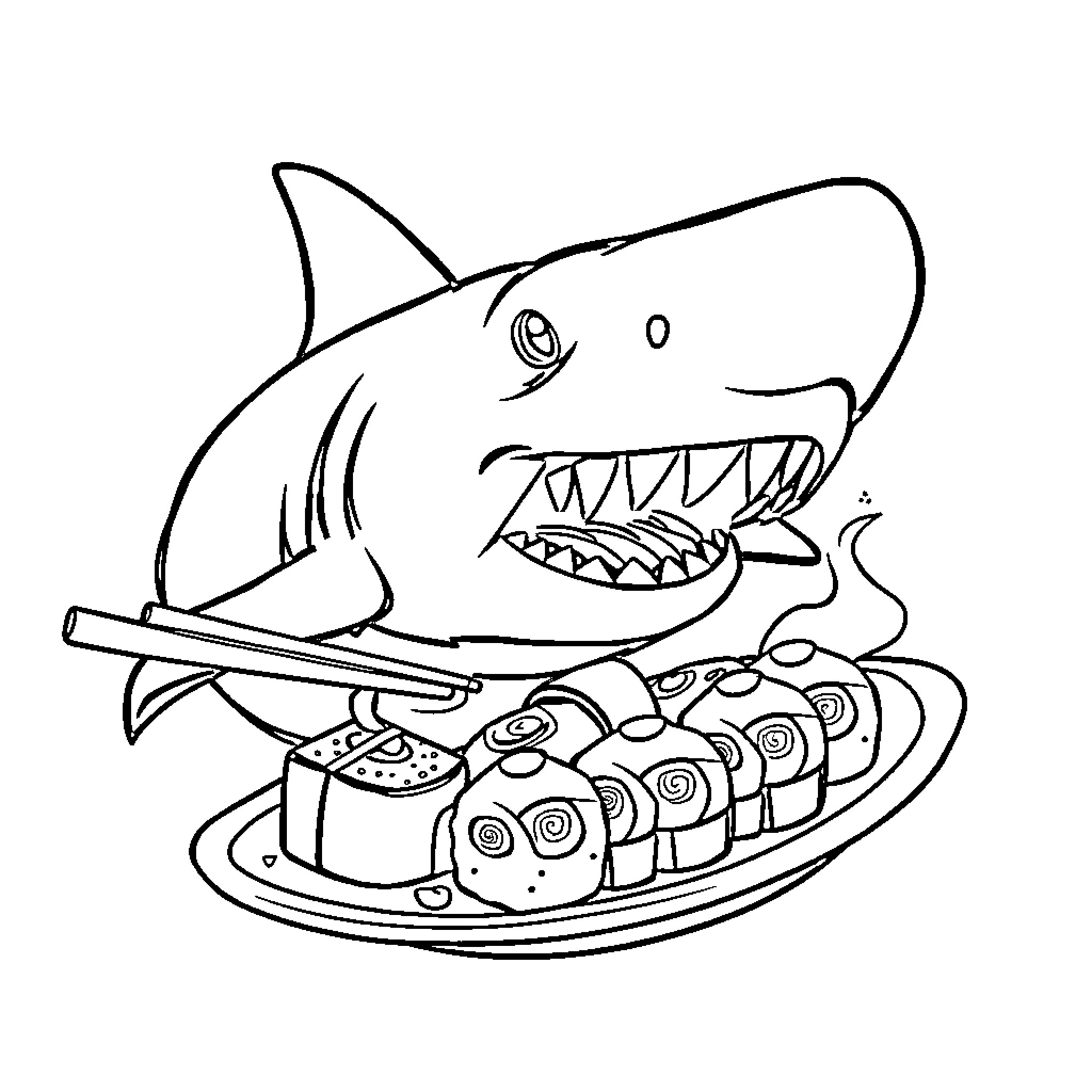 Shark enjoying a delicious sushi platter Coloring Page (free black-and-white line drawing printable PDF for all, from beginners to advanced learners, including children, teens, adults, and seniors)