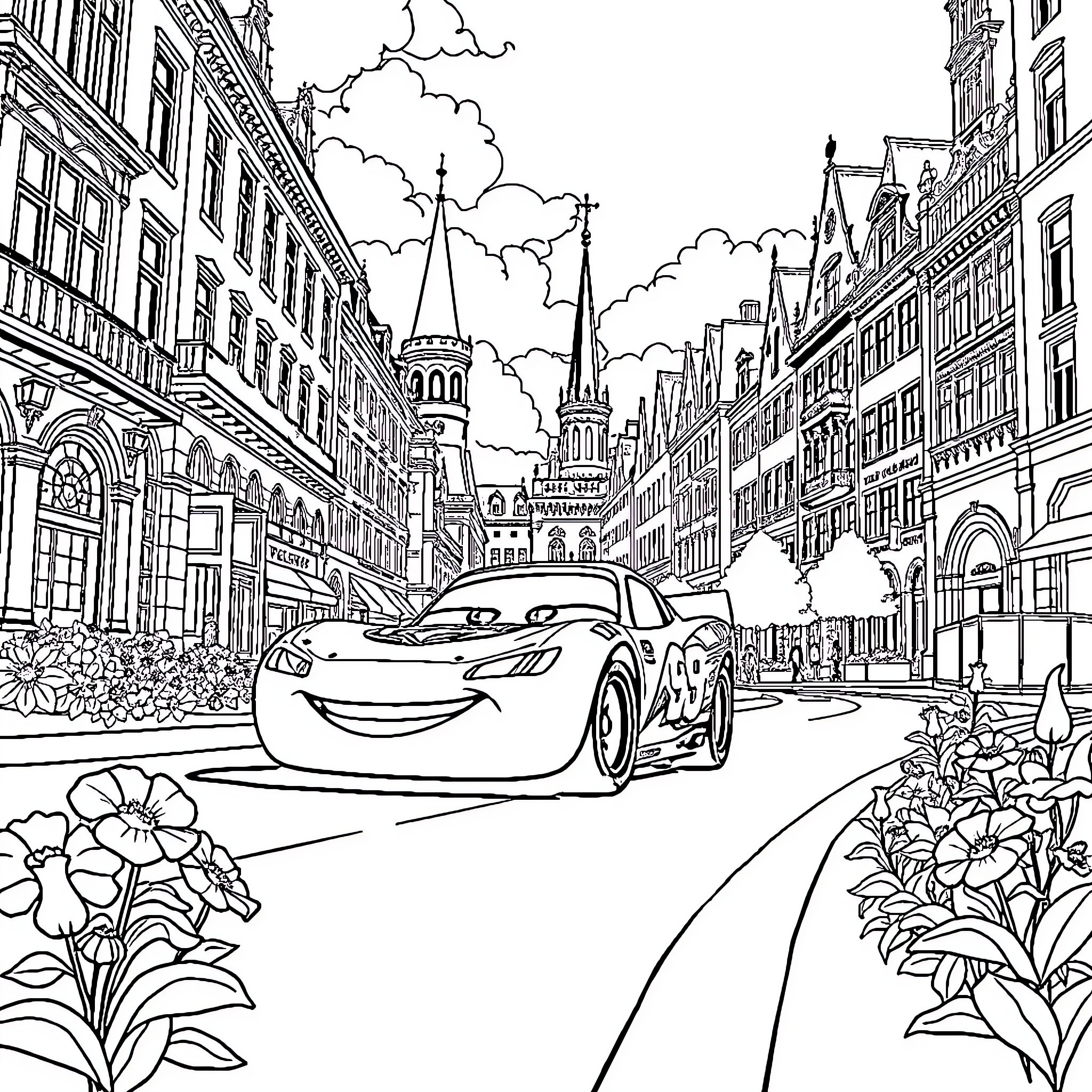 Lightning McQueen drives through the charming city streets Coloring Page (free black-and-white line drawing printable PDF for all, from beginners to advanced learners, including children, teens, adults, and seniors)