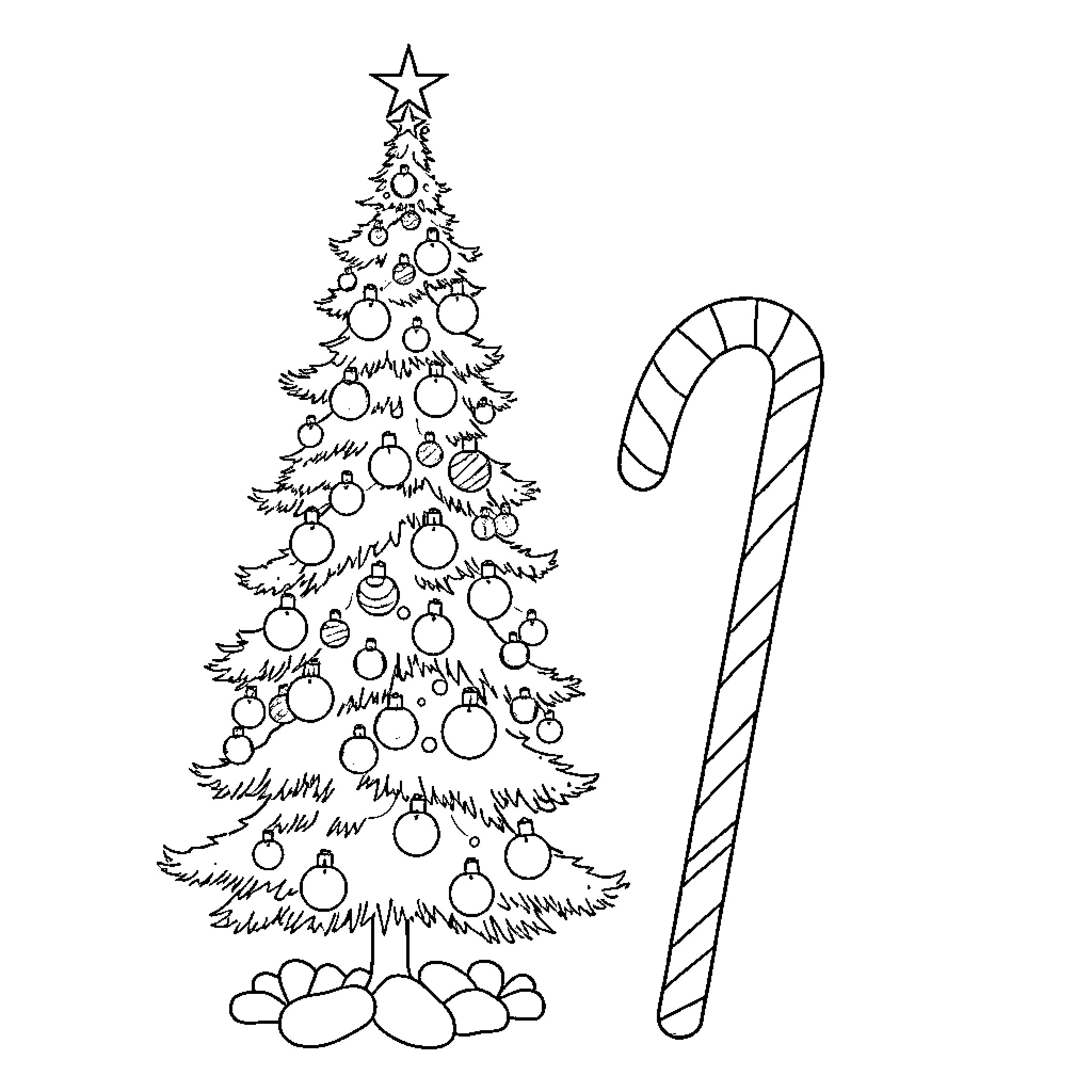 Christmas Tree with Ornaments and Candy Cane Coloring Page (free black-and-white line drawing printable PDF for all, from beginners to advanced learners, including children, teens, adults, and seniors)