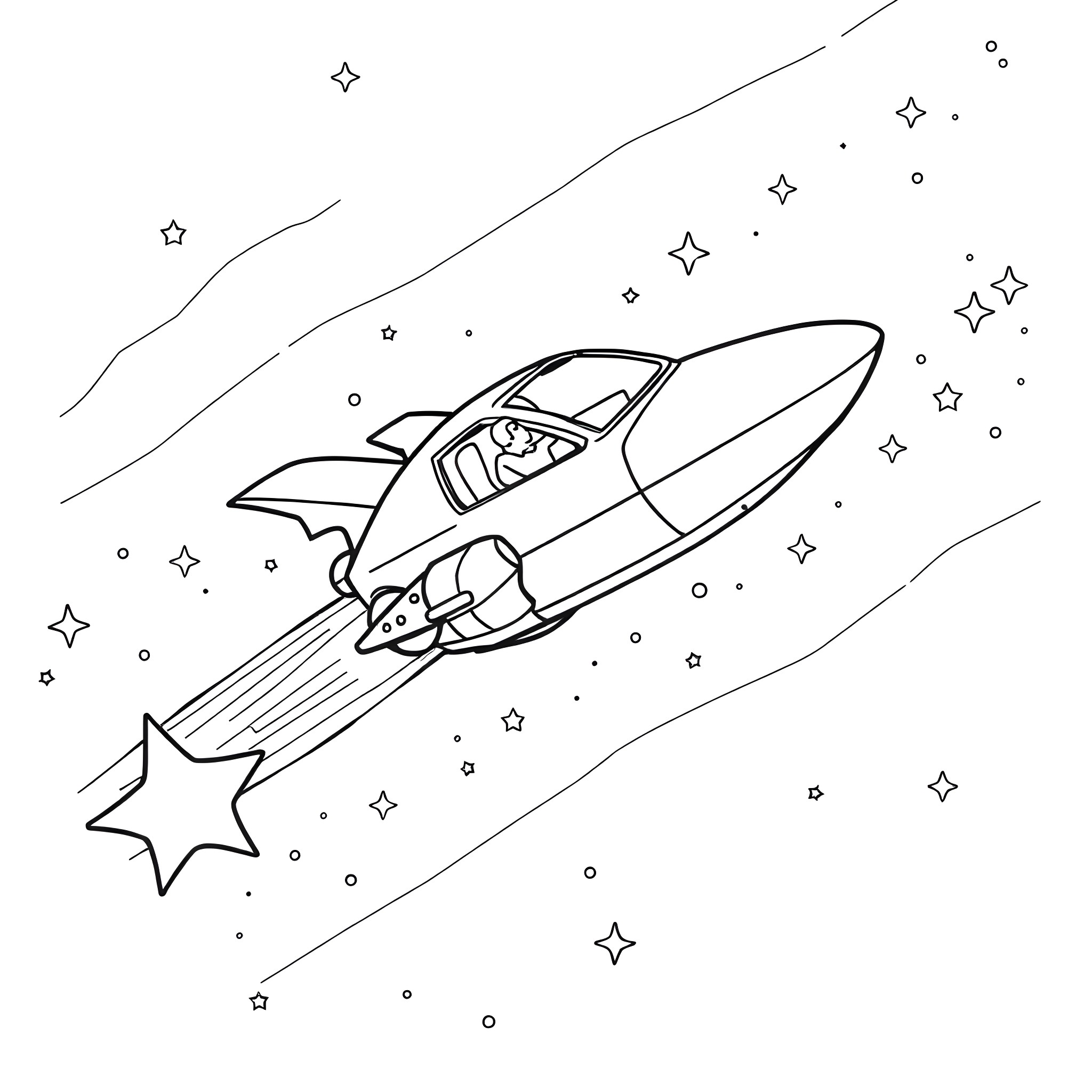 Flying Car Soaring Through the Starry Sky Coloring Page (free black-and-white line drawing printable PDF for all, from beginners to advanced learners, including children, teens, adults, and seniors)