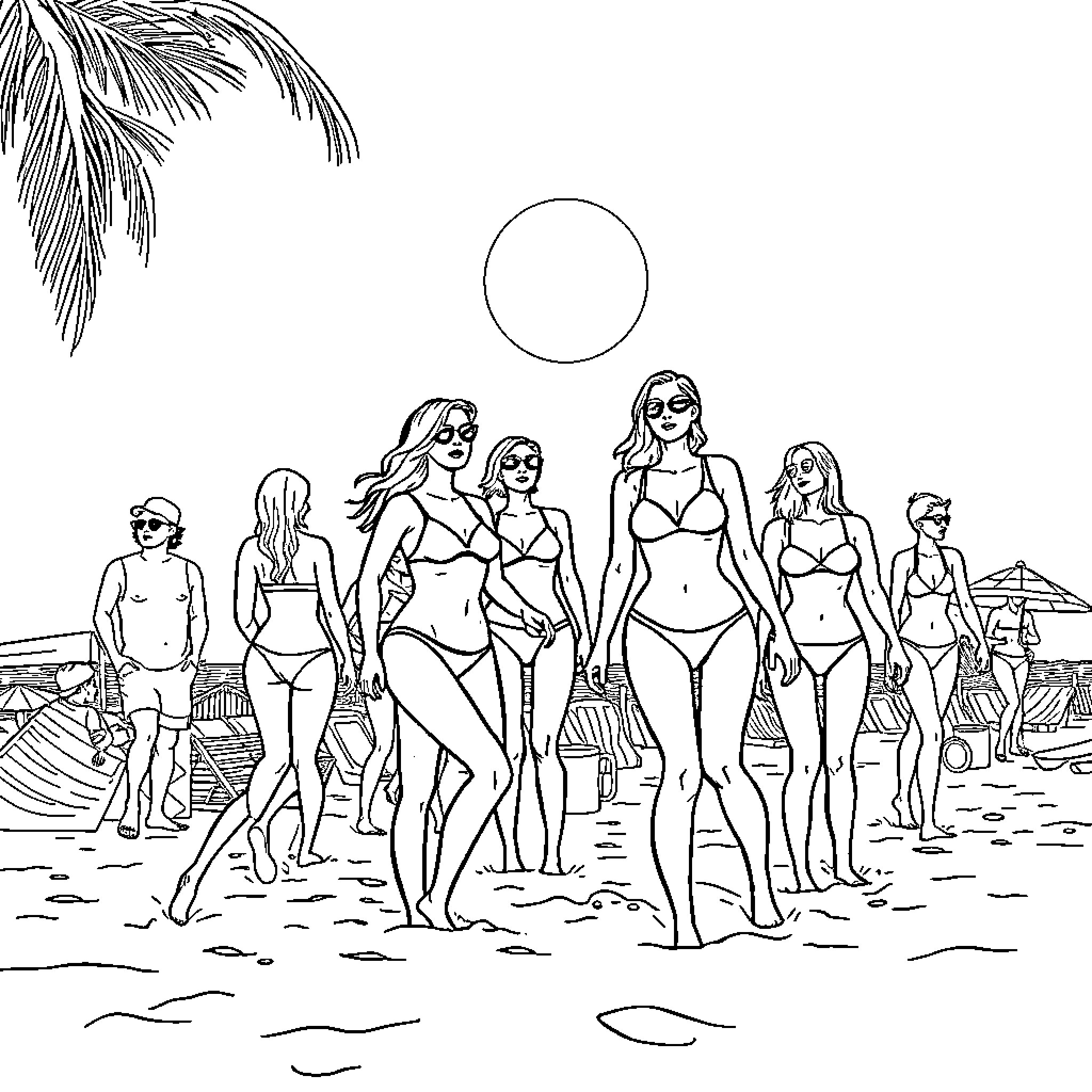 Women enjoying a sunny day at the beach Coloring Page (free black-and-white line drawing printable PDF for all, from beginners to advanced learners, including children, teens, adults, and seniors)