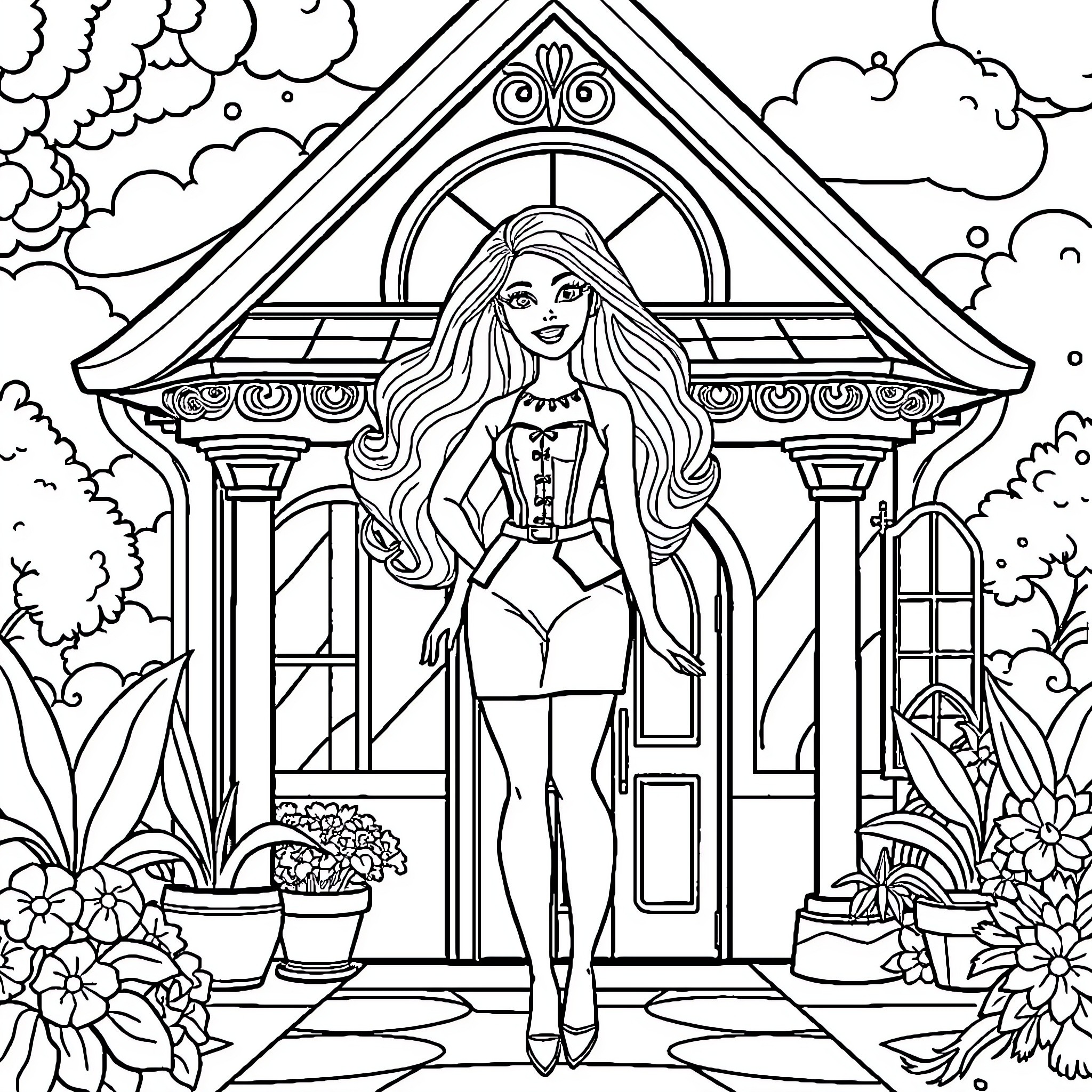 Barbie posing confidently in a whimsical garden Coloring Page (free black-and-white line drawing printable PDF for all, from beginners to advanced learners, including children, teens, adults, and seniors)