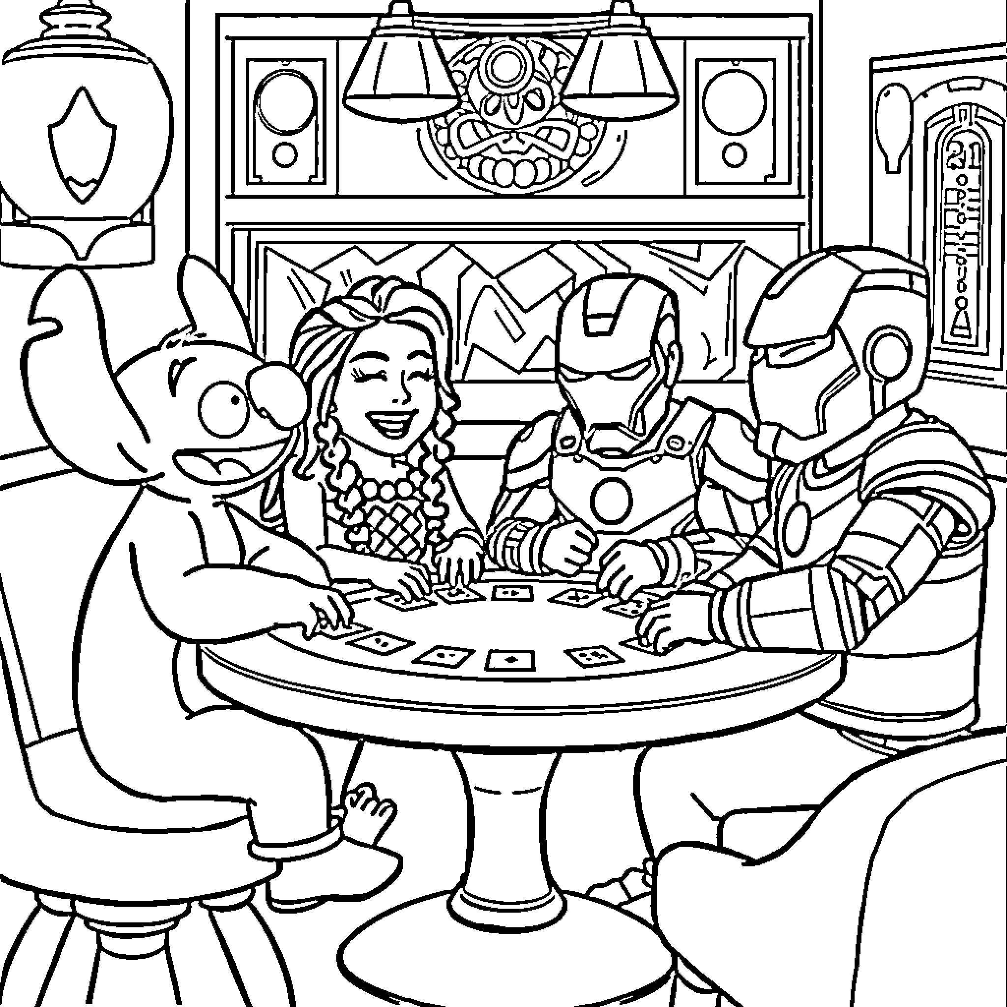 Character Gathering around the Table Coloring Page (free black-and-white line drawing printable PDF for all, from beginners to advanced learners, including children, teens, adults, and seniors)