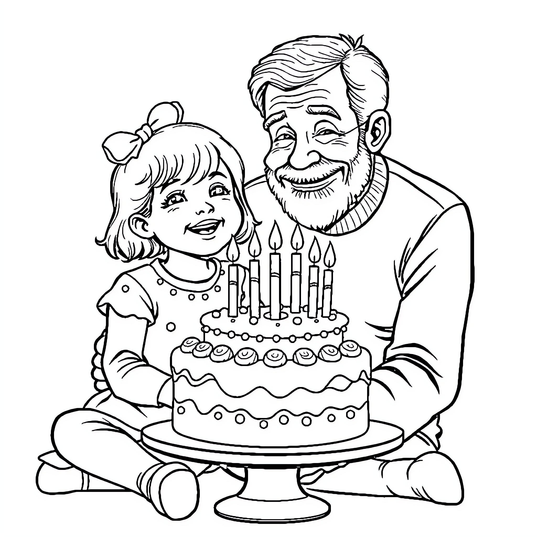 Girl and Grandfather Celebrating Birthday Coloring Page (free black-and-white line drawing printable PDF for all, from beginners to advanced learners, including children, teens, adults, and seniors)