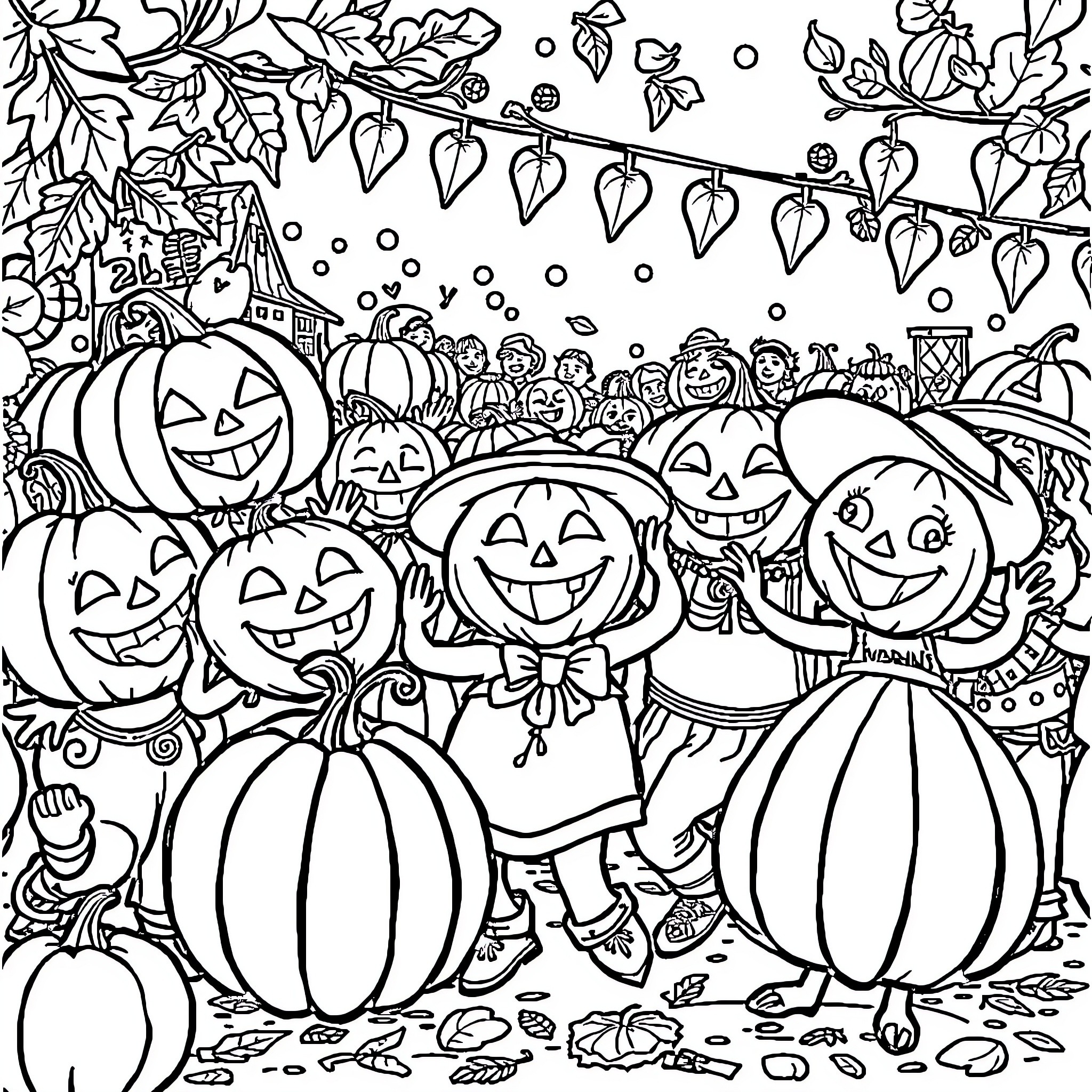 Pumpkin Patch Party with Festive Decorations Coloring Page (free black-and-white line drawing printable PDF for all, from beginners to advanced learners, including children, teens, adults, and seniors)
