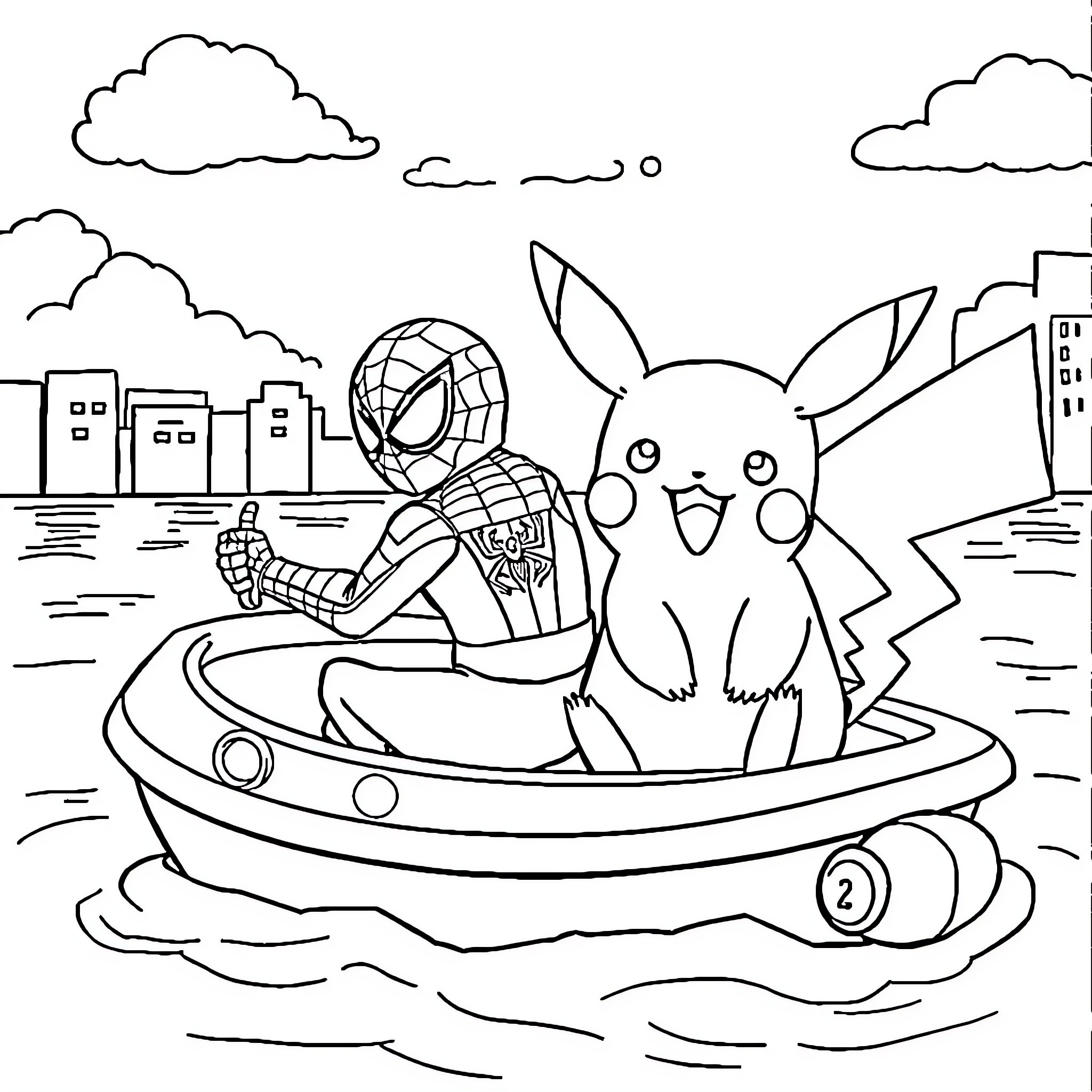 Pikachu and Spiderman explore the city together Coloring Page (free black-and-white line drawing printable PDF for all, from beginners to advanced learners, including children, teens, adults, and seniors)