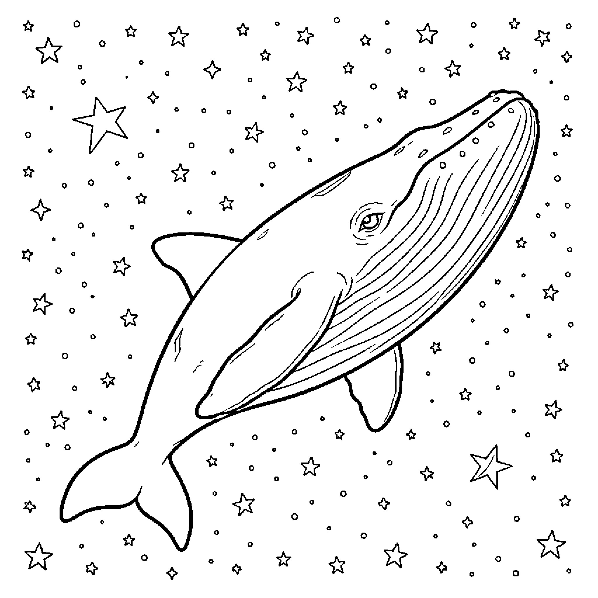 Whale swimming among the starry night sky Coloring Page (free black-and-white line drawing printable PDF for all, from beginners to advanced learners, including children, teens, adults, and seniors)