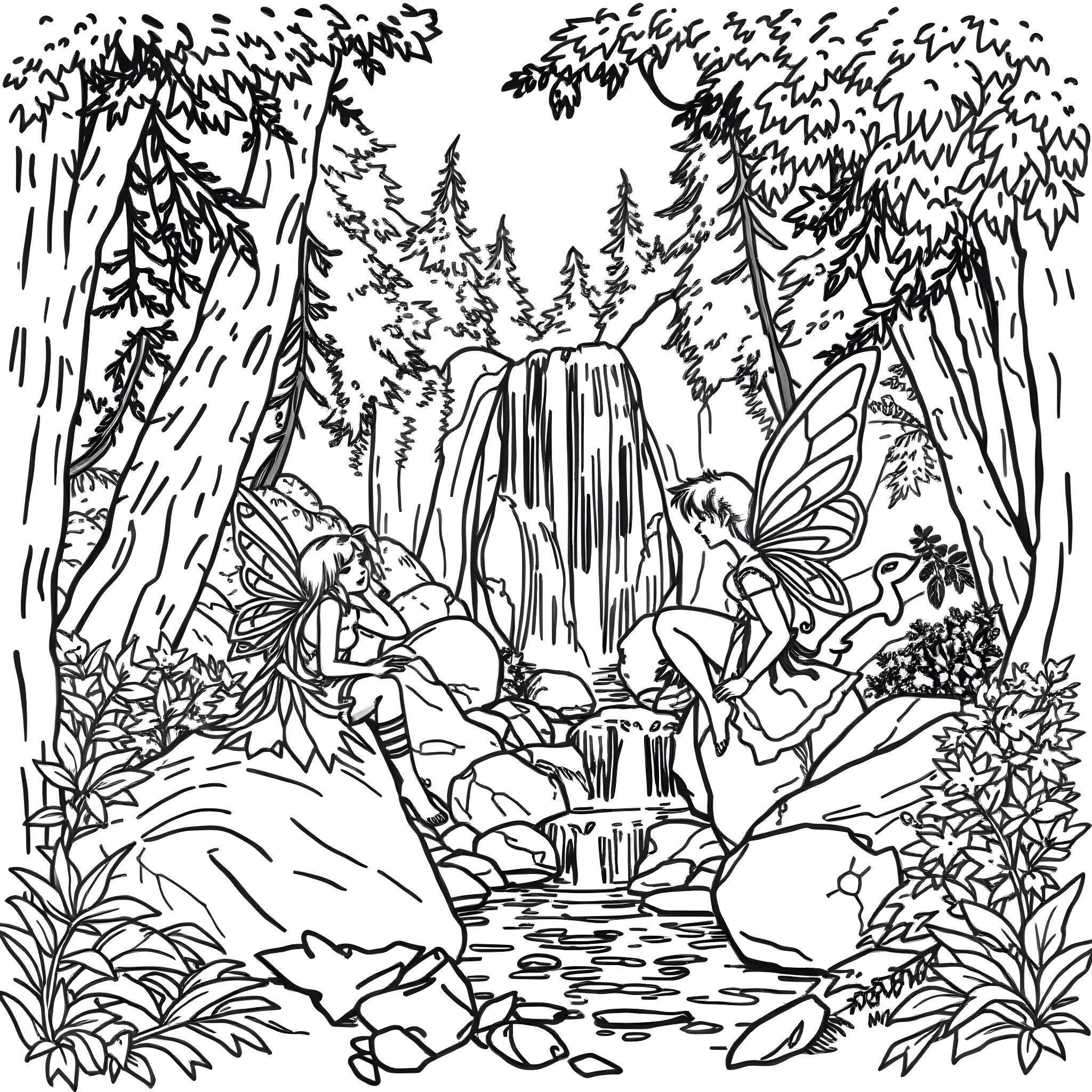 Fairy Forest Gathering with Waterfall and Nature Spirits Coloring Page (free black-and-white line drawing printable PDF for all, from beginners to advanced learners, including children, teens, adults, and seniors)