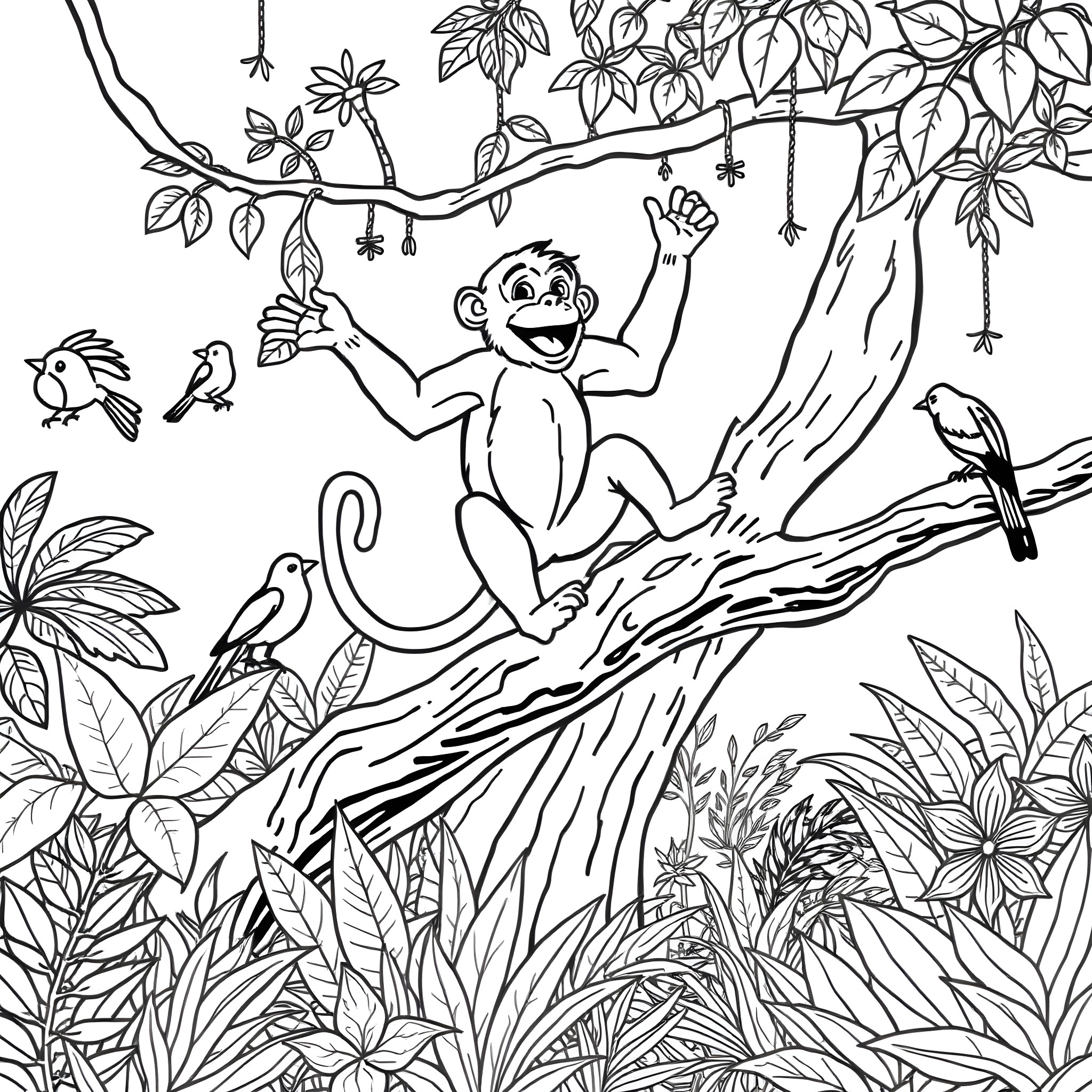 Monkey swinging joyfully in the jungle Coloring Page (free black-and-white line drawing printable PDF for all, from beginners to advanced learners, including children, teens, adults, and seniors)