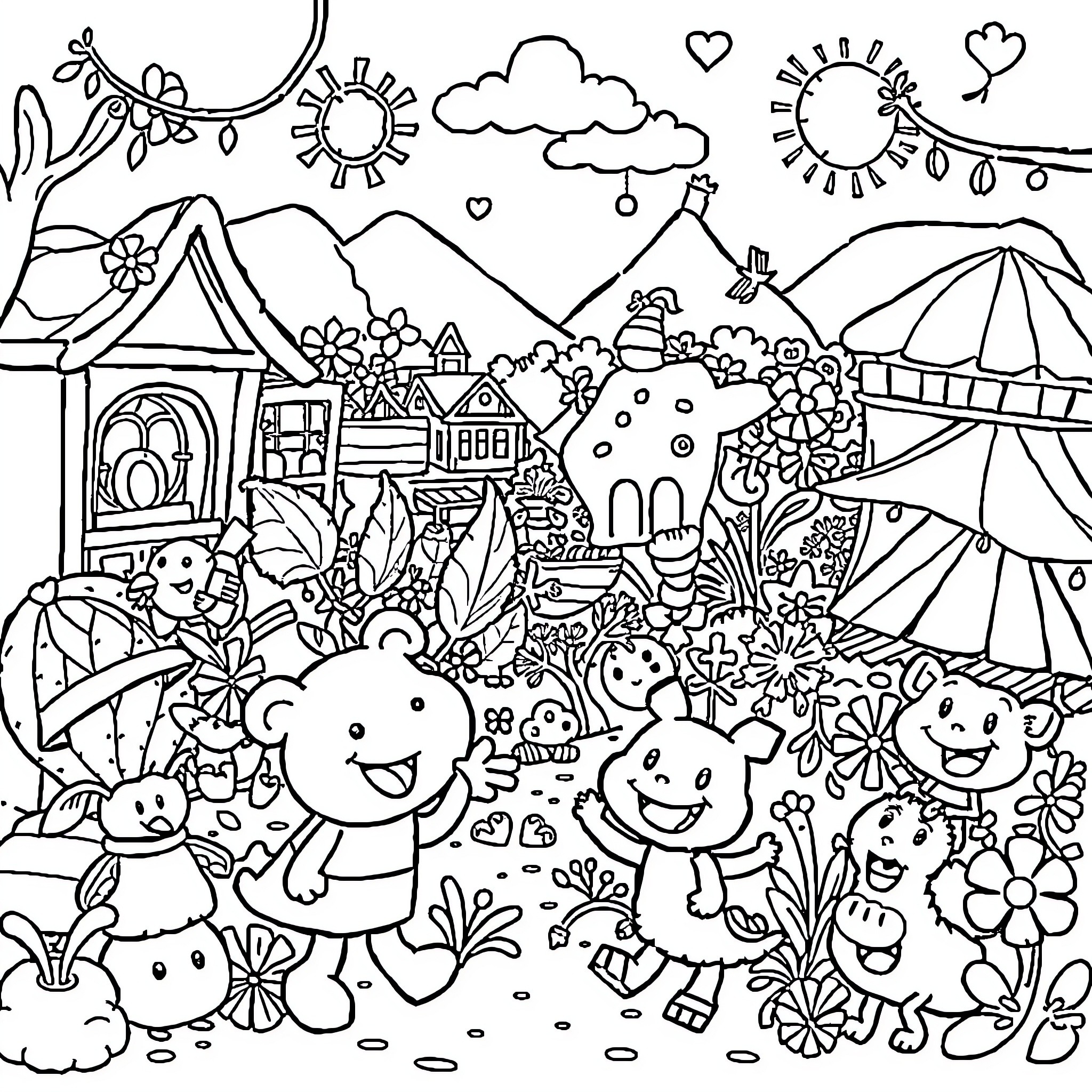 Cartoon Whimsical Scenes with Playful Characters Coloring Page (free black-and-white line drawing printable PDF for all, from beginners to advanced learners, including children, teens, adults, and seniors)