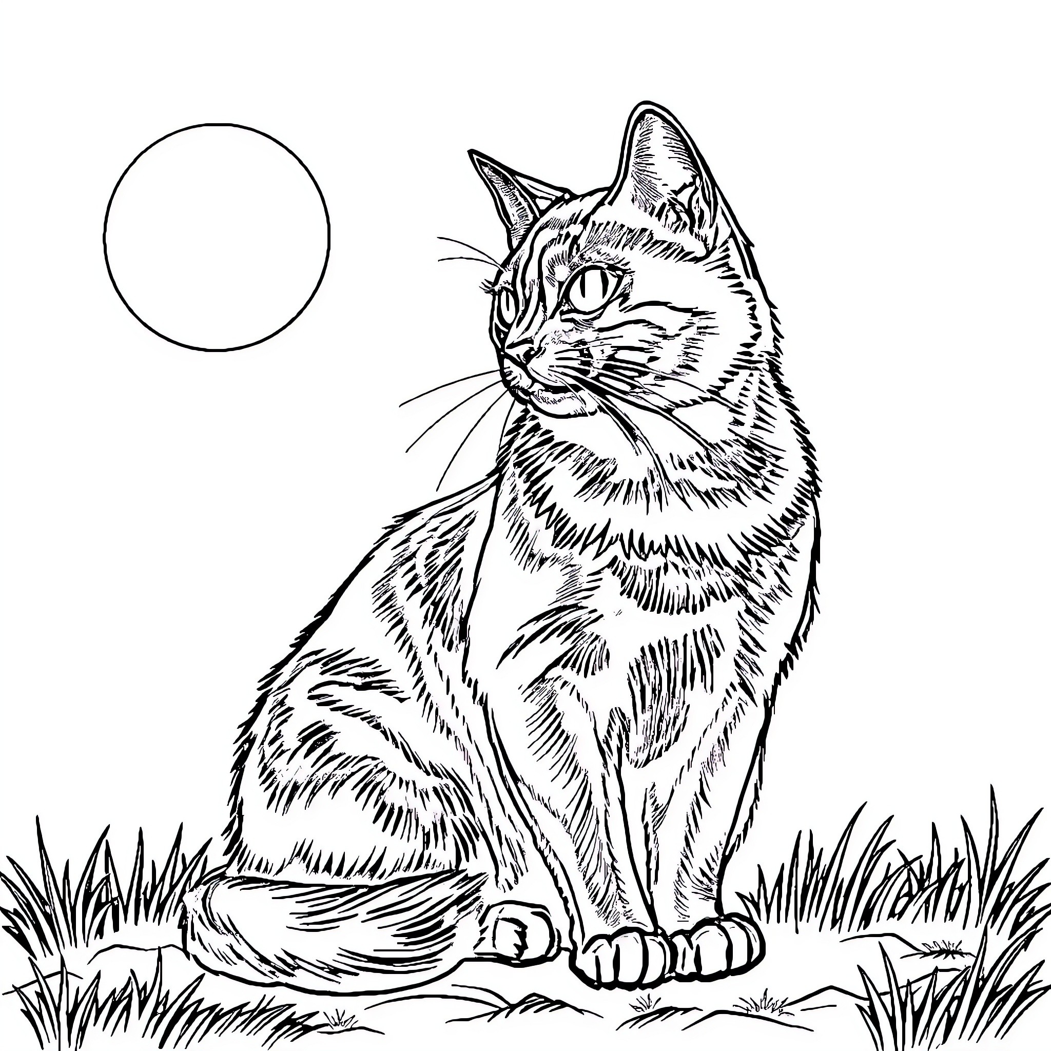 Cat gazing intently in the grass Coloring Page (free black-and-white line drawing printable PDF for all, from beginners to advanced learners, including children, teens, adults, and seniors)