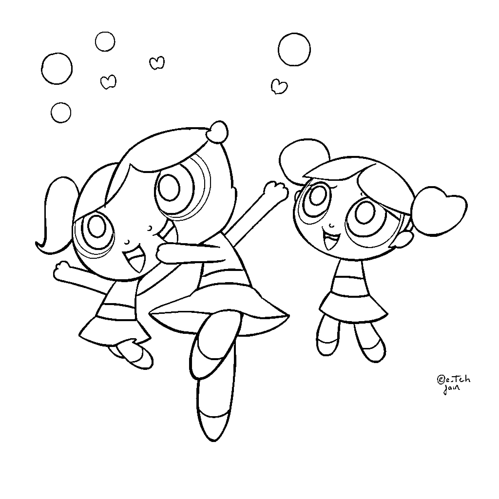 Powerpuff Girls dancing and playing happily Coloring Page (free black-and-white line drawing printable PDF for all, from beginners to advanced learners, including children, teens, adults, and seniors)