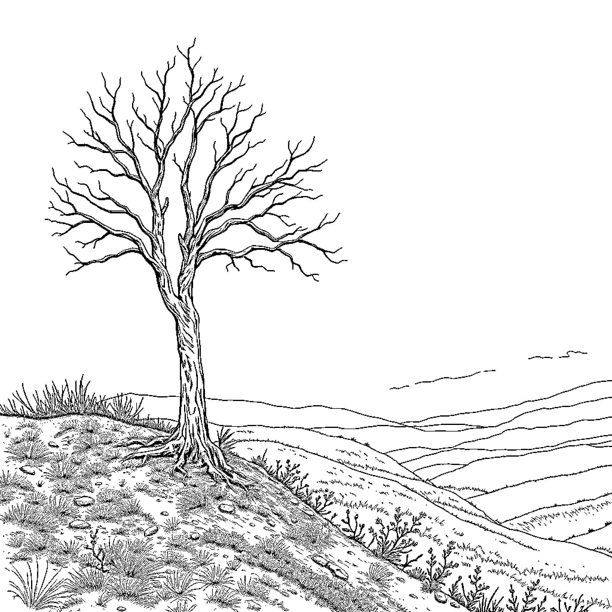 Tree standing alone on a barren landscape Coloring Page (free black-and-white line drawing printable PDF for all, from beginners to advanced learners, including children, teens, adults, and seniors)