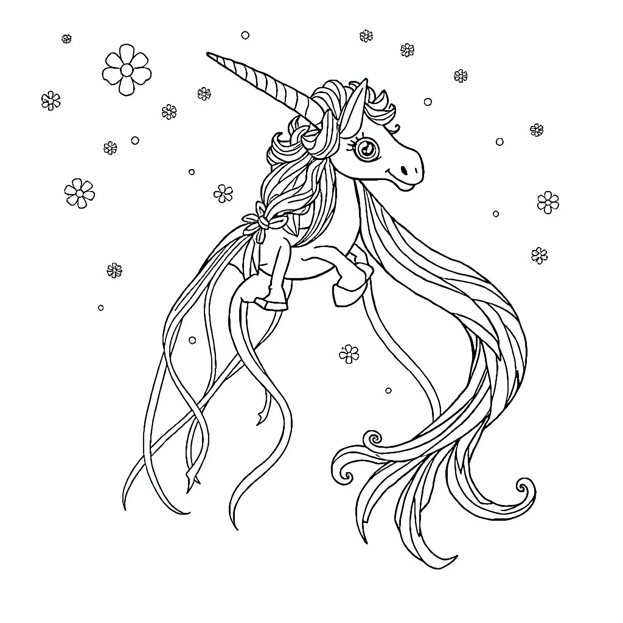 Unicorn with magical flowers and snowflakes Coloring Page (free black-and-white line drawing printable PDF for all, from beginners to advanced learners, including children, teens, adults, and seniors)