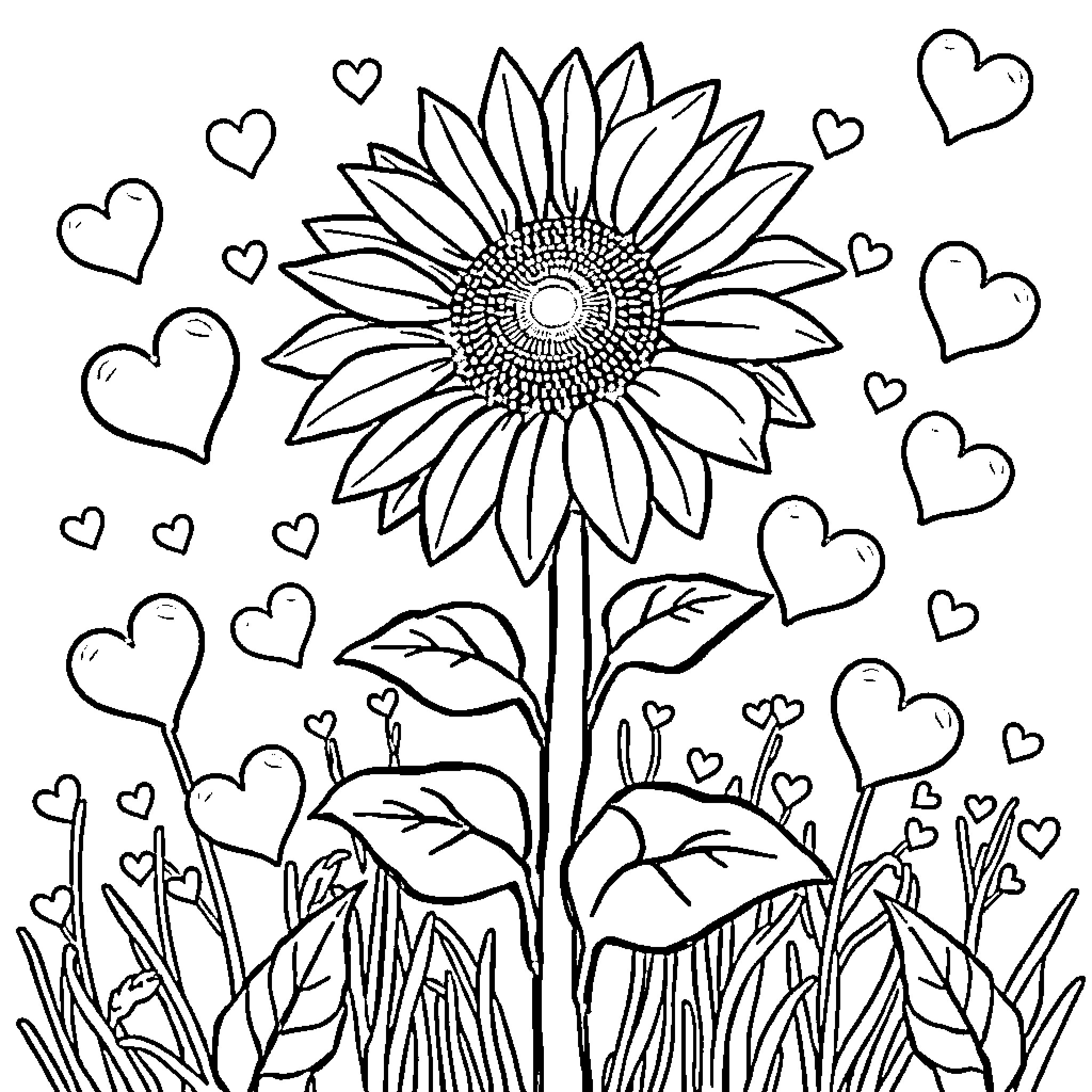 Sunflower surrounded by whimsical hearts Coloring Page (free black-and-white line drawing printable PDF for all, from beginners to advanced learners, including children, teens, adults, and seniors)