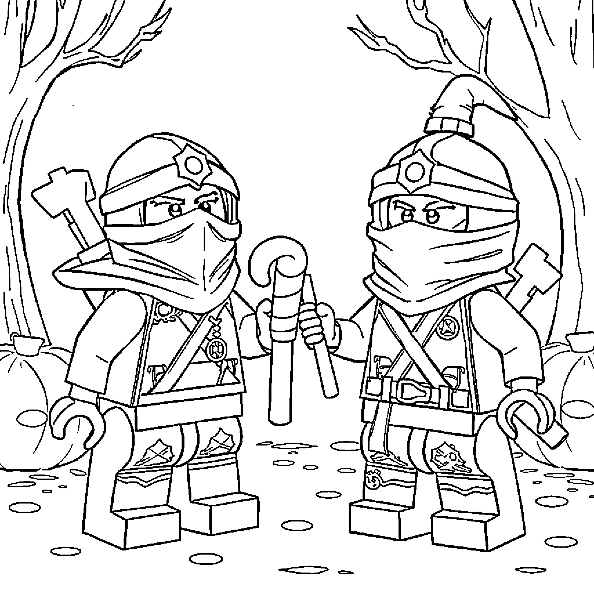 Ninjago warriors in the forest Coloring Page (free black-and-white line drawing printable PDF for all, from beginners to advanced learners, including children, teens, adults, and seniors)