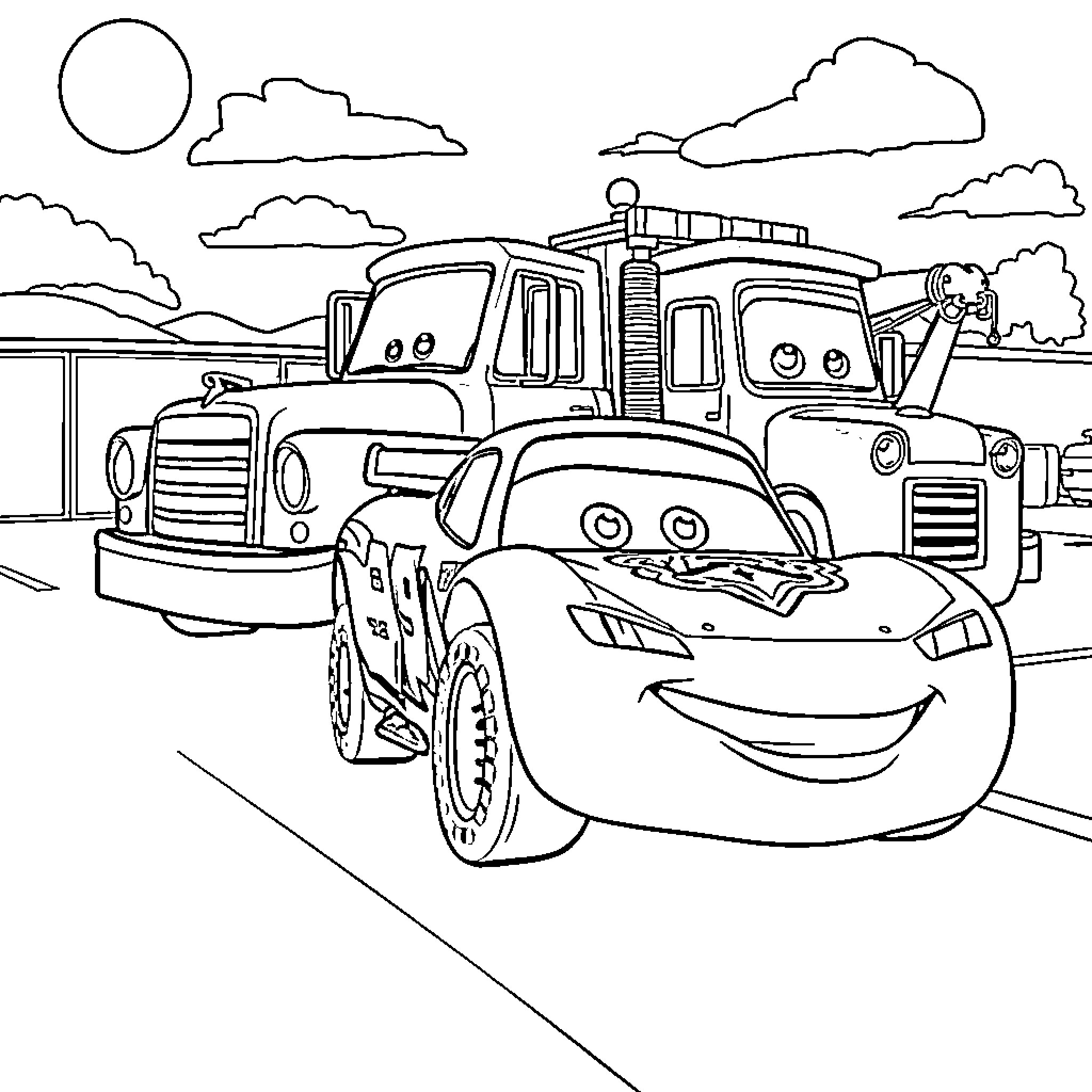 Lightning McQueen's Tow Truck Adventure Coloring Page (free black-and-white line drawing printable PDF for all, from beginners to advanced learners, including children, teens, adults, and seniors)