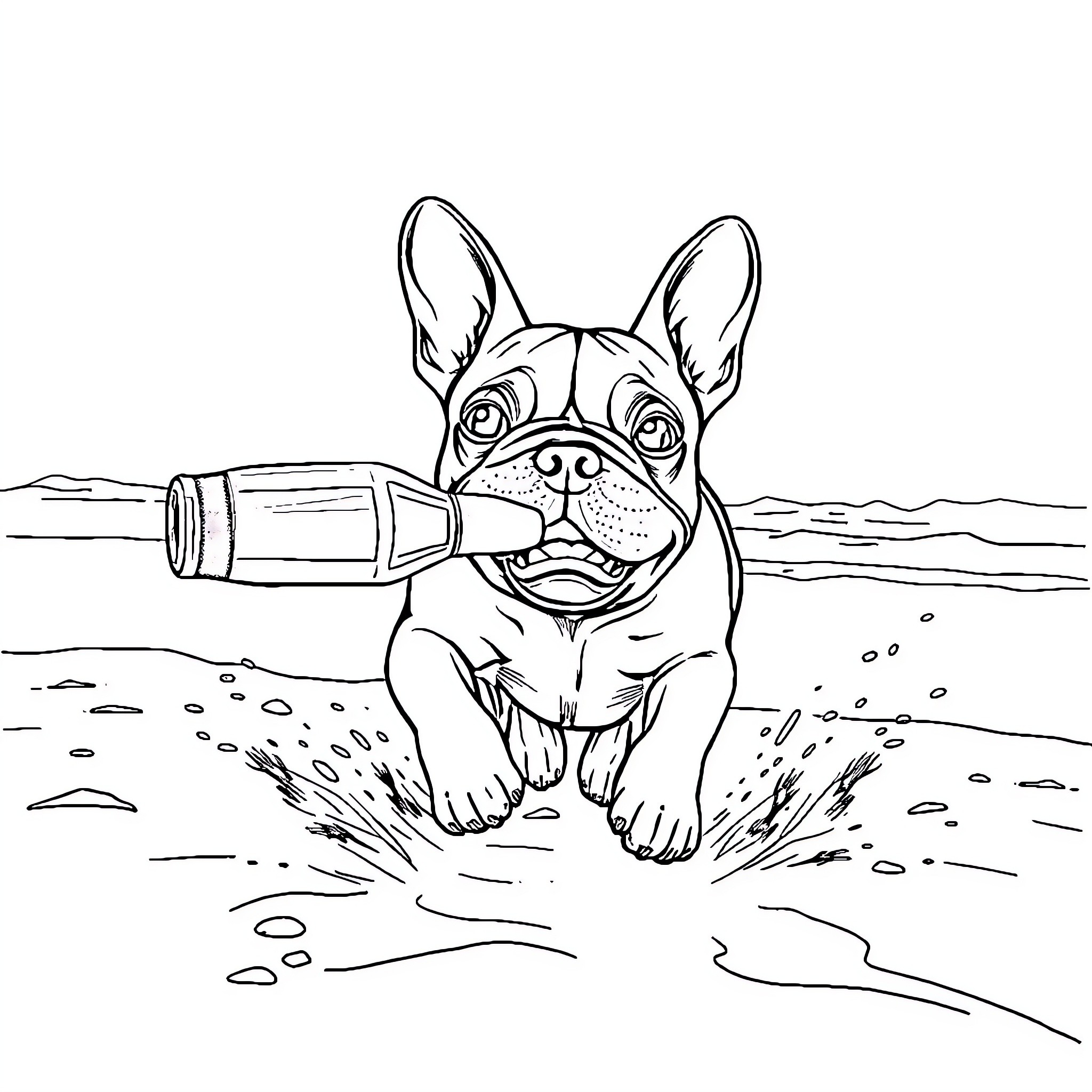 French Bulldog playing with bottle in water Coloring Page (free black-and-white line drawing printable PDF for all, from beginners to advanced learners, including children, teens, adults, and seniors)