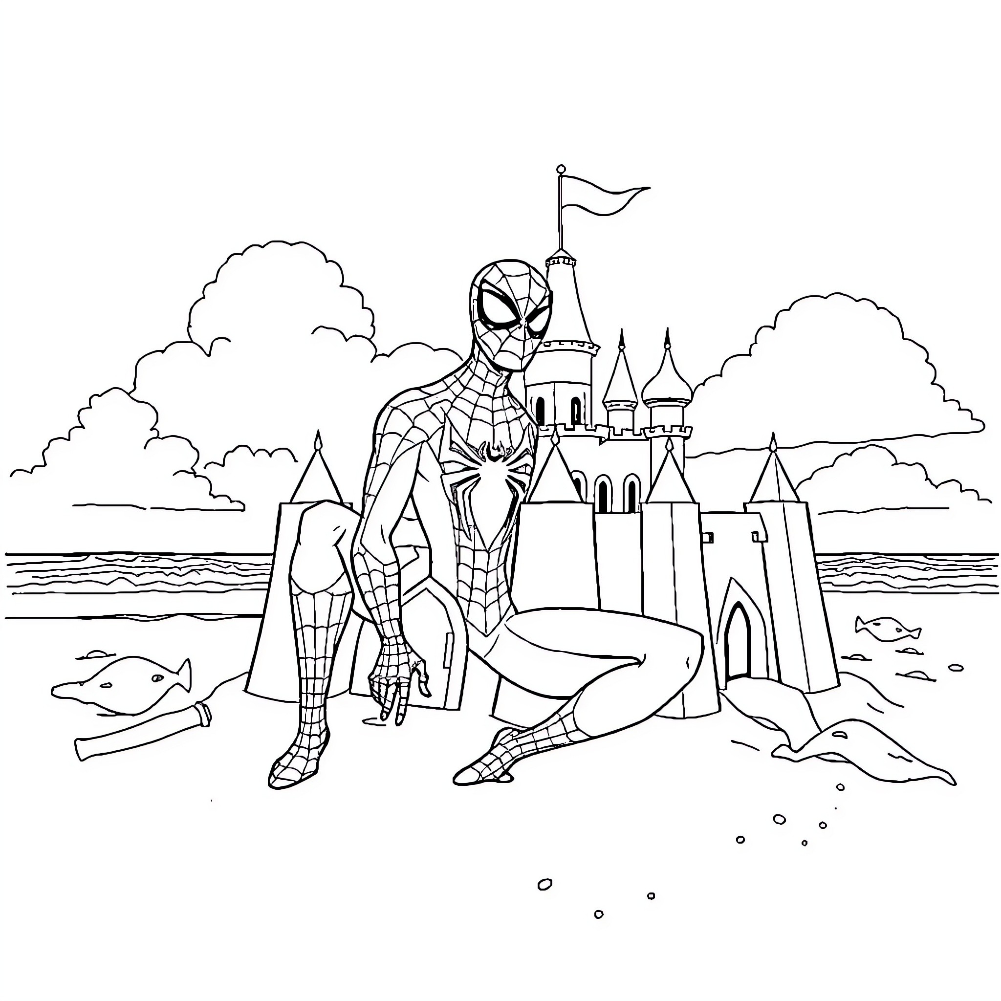 Spidey's Coastal Adventure with Castle Coloring Page (free black-and-white line drawing printable PDF for all, from beginners to advanced learners, including children, teens, adults, and seniors)