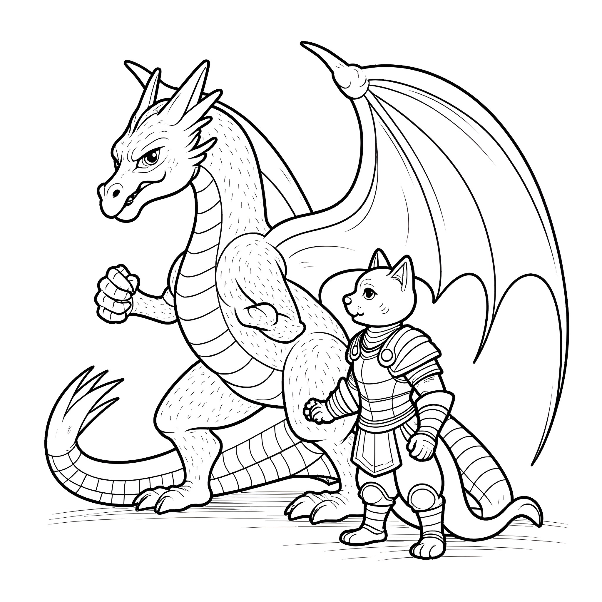 Dragon and knight standing ready for battle Coloring Page (free black-and-white line drawing printable PDF for all, from beginners to advanced learners, including children, teens, adults, and seniors)