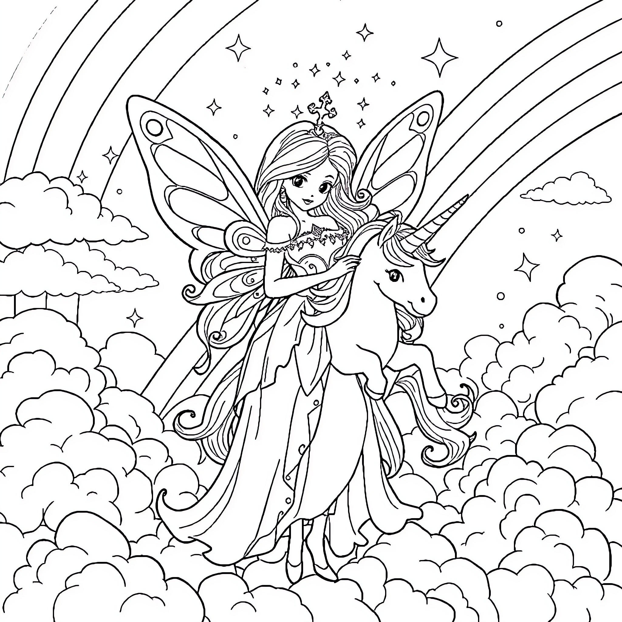 Princess Fairy Riding Unicorn in Starry Sky Coloring Page (free black-and-white line drawing printable PDF for all, from beginners to advanced learners, including children, teens, adults, and seniors)