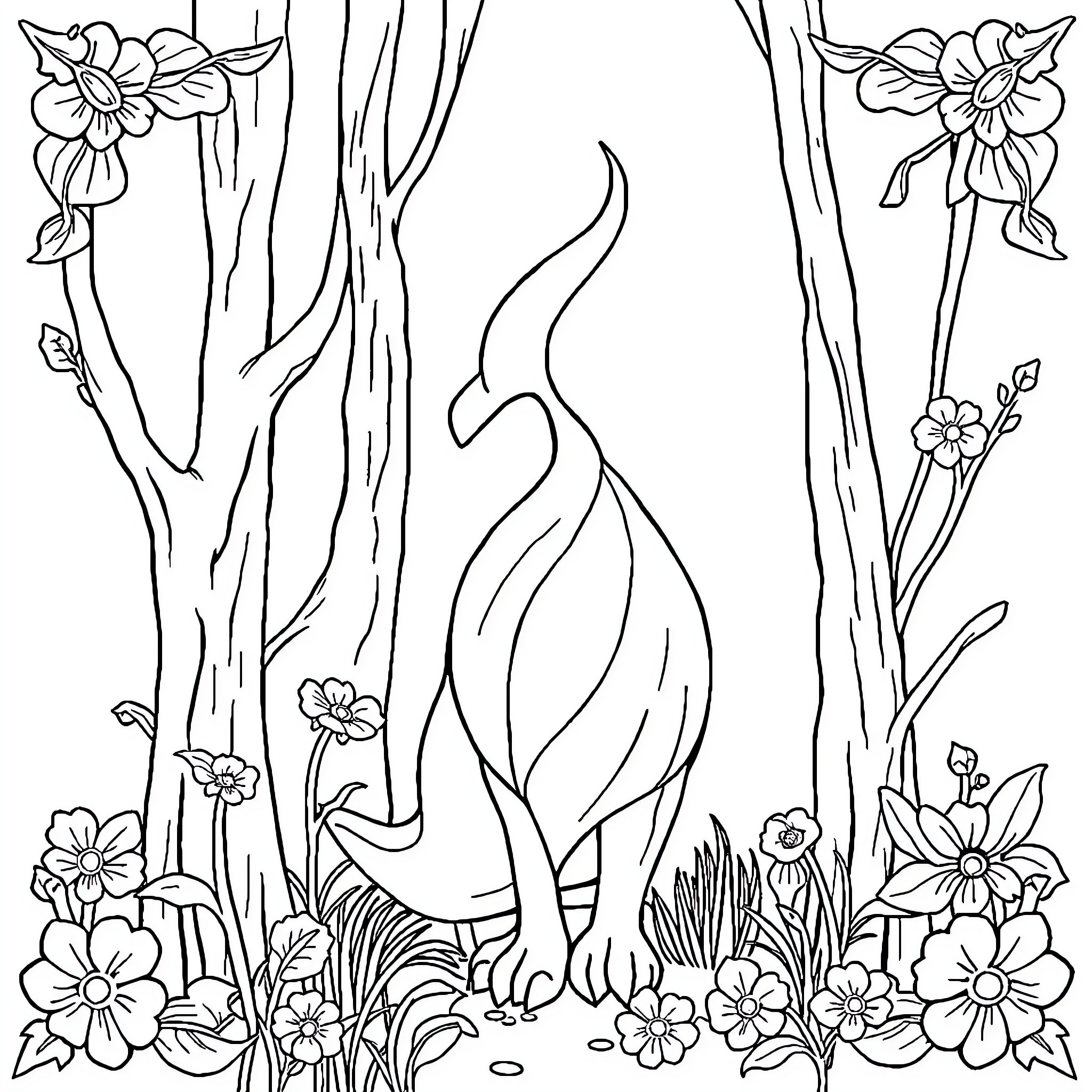 Student explores enchanting floral forest landscape Coloring Page (free black-and-white line drawing printable PDF for all, from beginners to advanced learners, including children, teens, adults, and seniors)