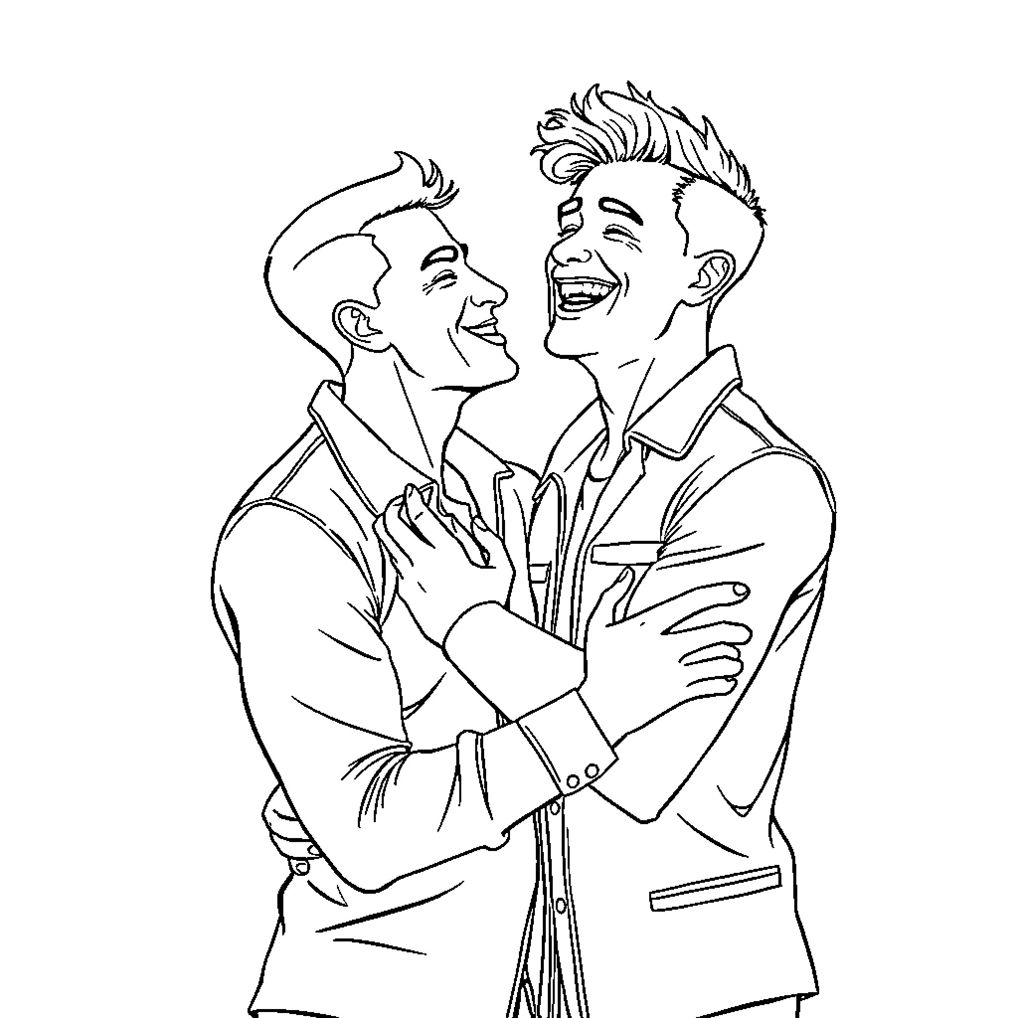 Gay couple embracing affectionately in formal attire Coloring Page (free black-and-white line drawing printable PDF for all, from beginners to advanced learners, including children, teens, adults, and seniors)
