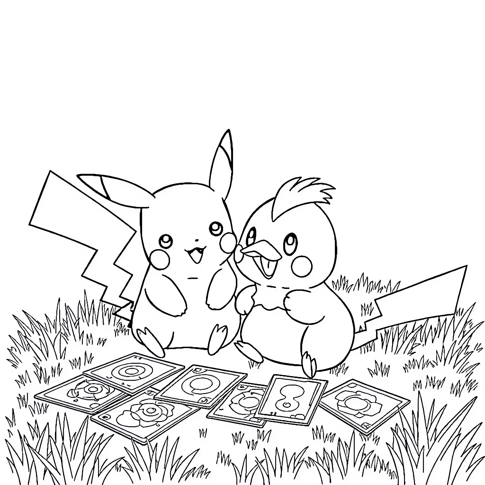 Pikachu and Chick Playing in Grassy Field Coloring Page (free black-and-white line drawing printable PDF for all, from beginners to advanced learners, including children, teens, adults, and seniors)
