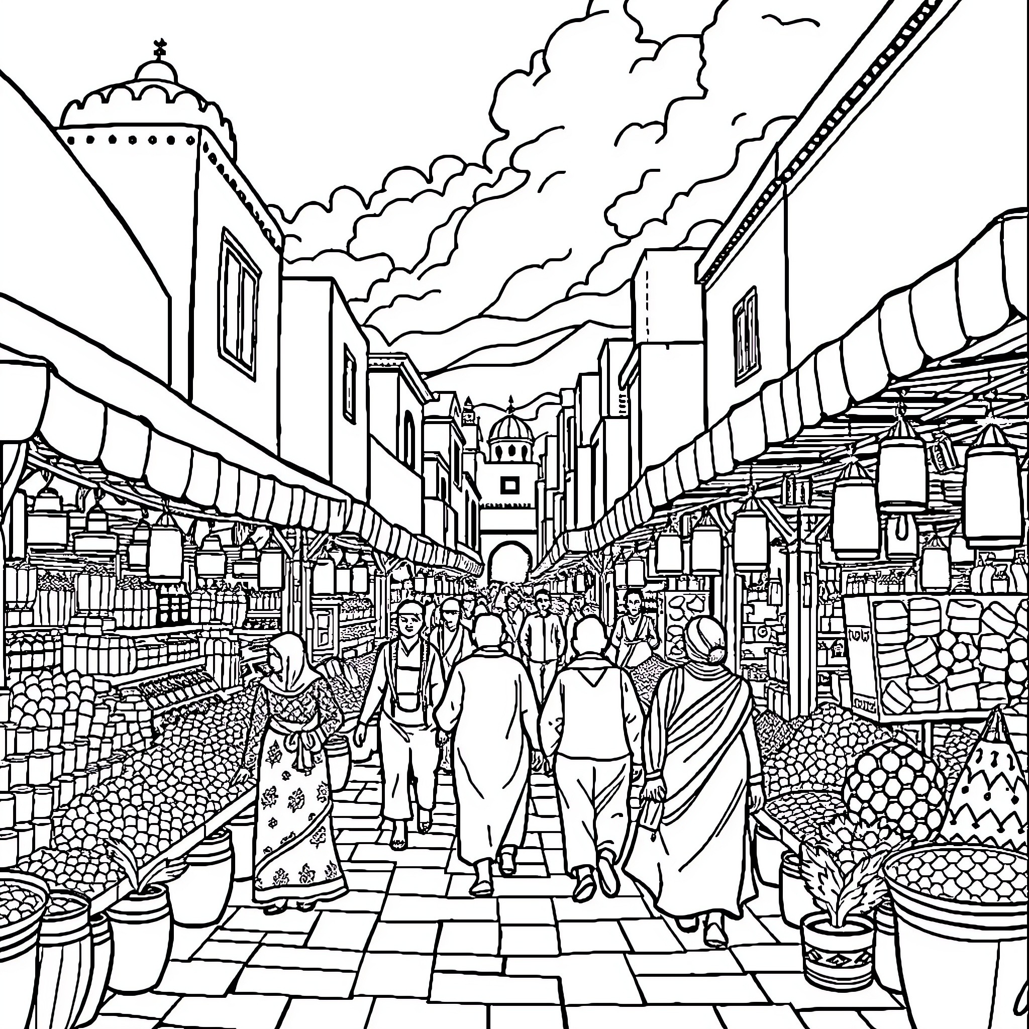 Böbo's Journey Through the Bustling Marketplace Coloring Page (free black-and-white line drawing printable PDF for all, from beginners to advanced learners, including children, teens, adults, and seniors)